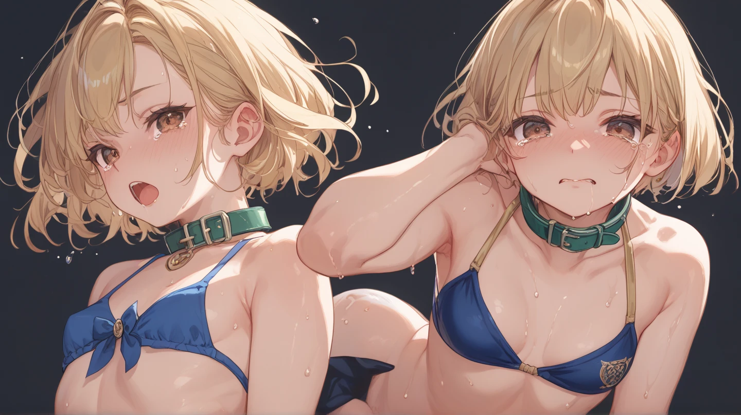 (masterpiece:1.2, Highest quality), (Realistic, photoRealistic:1.4), Beautiful illustrations, (Natural Side Lighting, Cinema Lighting), Browsing Caution:1.2, View Audience, Cowboy Shot, 1 girl, Japanese, idol carving, high school girl, Perfect Face, Cute and symmetrical face, Sunburn, Glowing Skin, thin, (short hair:1.2, Twin tails:1.2, blonde), Parted bangs, Chestnut brown eyes, Long eyelashes, (Small breasts:0.6), Beautiful Hair, Beautiful Face, Beautiful details, Beautiful clavicle, Beautiful body, Beautiful breasts, Mole on chest, Beautiful thighs, Mole in the groin:1.4, Beautiful feet, Beautiful fingers, ((Light blue micro bikini:1.4), choker, Wrist Chakra), (Beautiful views), Tropical Beach, (sitting on a rock:1.35 | Keep your legs open:1.3), ((Place your hands between your legs | Place your hand on your chest | Place your arms behind your back)), (Cute Smile, Upward glance),