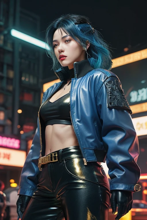 blue sky,from below,(((kda all out akali))), akali, k/da \(league of legends\), cowboy shot, high detailed, highres, 1girl,absurdres, multicolored hair, two-tone hair, high ponytail, blue eyes, blue hair, blonde hair, [blue:blonde:0.5] hair,long hair, lips, eyeshadow, makeup, earrings, cleavage cutout, clothing cutout,leather jacket,(cropped jacket:1.2), open clothes, open jacket, two-tone jacket, shiny clothes, multicolored clothes, (nattier blue jacket:1.2), multicolored jacket, blue sports bra, zipper, midriff, stomach, buckle, fingerless gloves, black gloves, gloves, jacket, jewelry, medium breasts, breasts, (black pants:1.2),Tight trousers,Leather pants,shiny pants,white belt, shoes, solo, kunai, looking at viewer, navel,standing, <lora:kDAAllOutAkali_kdaAllOutAkaliLora:1.2>,<lora:koreanDollLikeness_v10:0.5>,((photorealistic:1.4)),best quality ,masterpiece, an extremely delicate and beautiful, extremely detailed ,4k wallpaper, Amazing, finely detail, masterpiece,best quality,