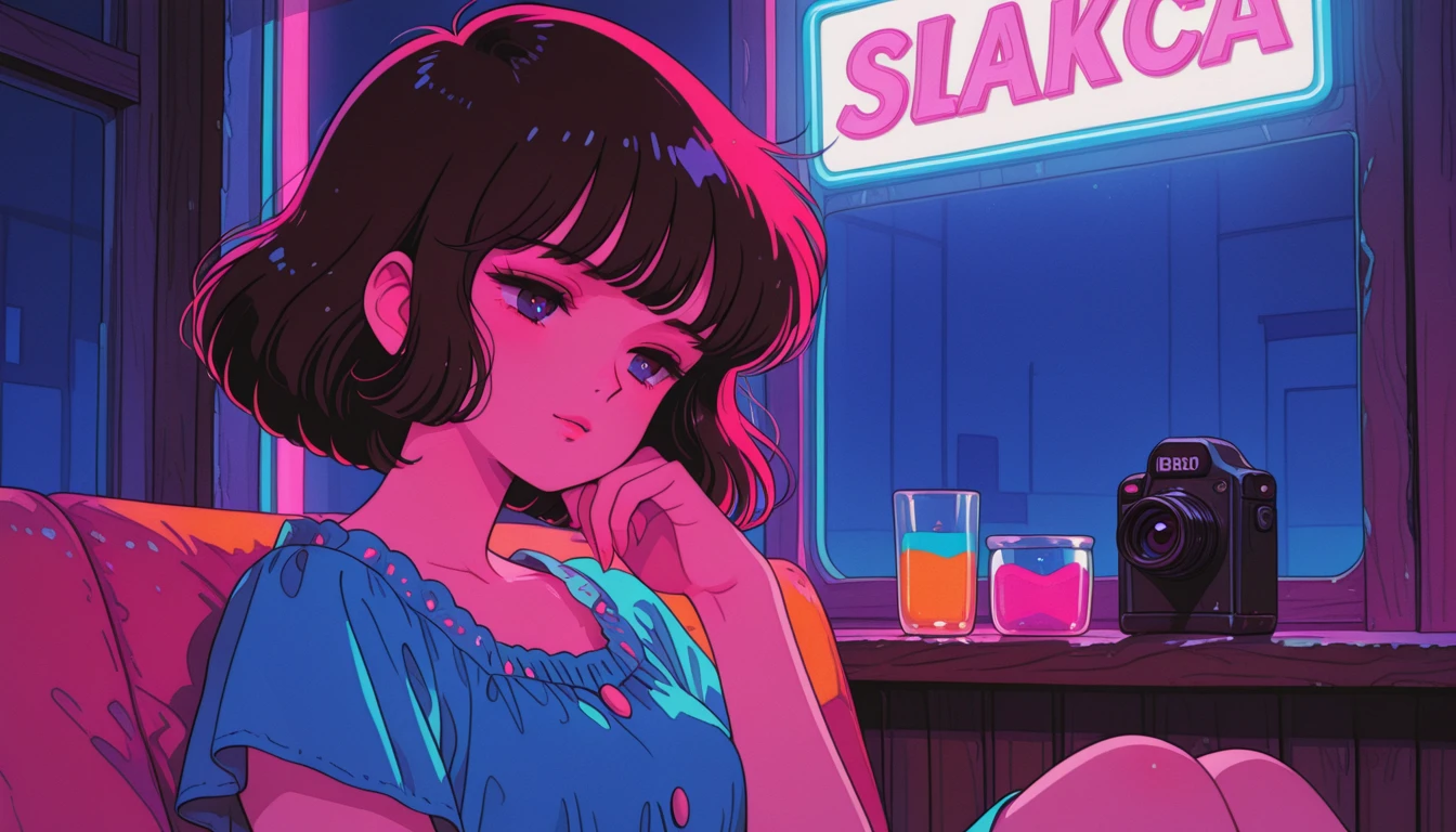 masterpiece, City Pop Style, Purple Hair, Permed long hair Wearing headphones, Shoulder length, alone, Futuristic, still, praise, Retro, Vintage, A light smile, Drinking cocktails at a 90s jazz bar, (( Wide Shot)), ((Wet day))4K