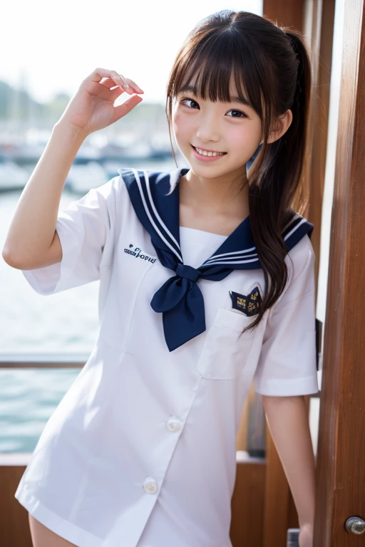 (masterpiece,Highest quality,Ultra-high resolution),Japanese women, so beautiful, Innocent Girl、15 years old、(Perfect limbs、Perfect Anatomy),(Long Hair).Cute Sailor Uniform、Short-sleeved sailor uniform、Super short skirt in navy blue、pure white、Glowing Beautiful Skin、Watery eye、Shiny brown hair、The colors and landscapes of youth、Feelings of love、smile