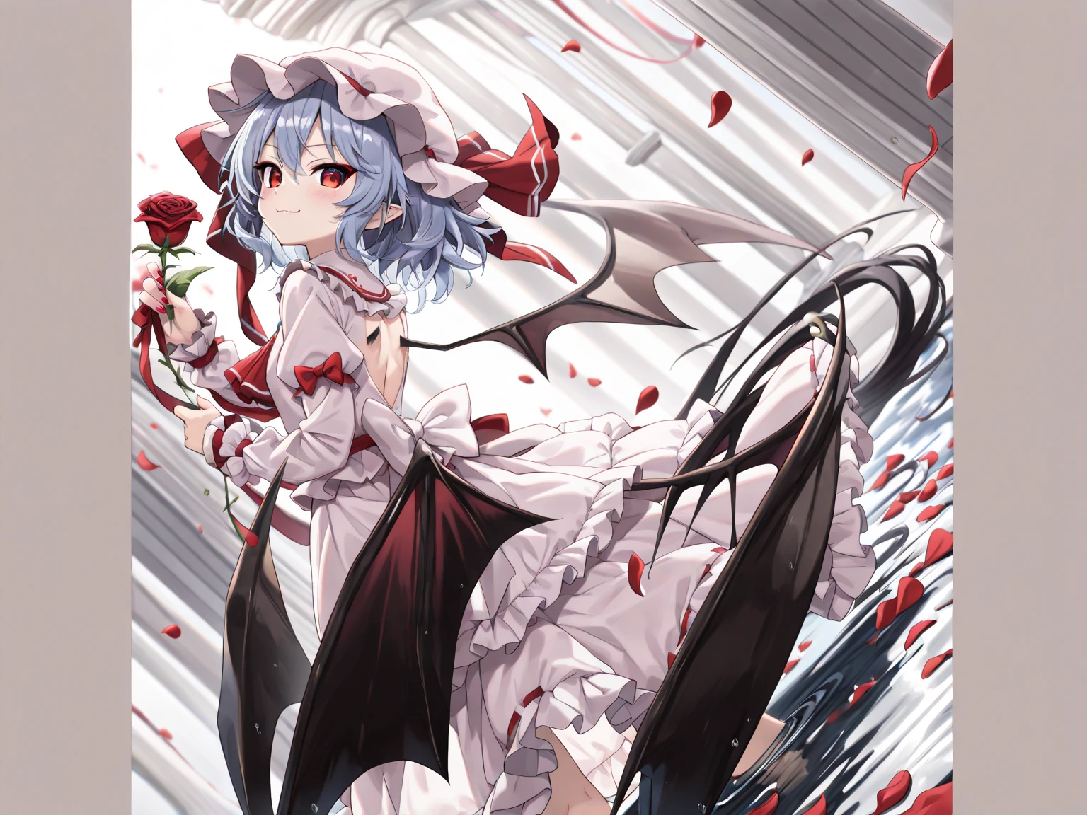 Remilia Scarlet (Touhou). In garden green, Walking wing white vintage umbrella. look at viewer. Cute face. blue hair. red eyes, long eyelashes. vintage white dress. fine Detail, masterpiece, top quality, official art, extremely detailed CG unity 8k wallpaper, cinematic lighting, (perfect shiny skin:0.6), slim and smooth lines, (floating),
