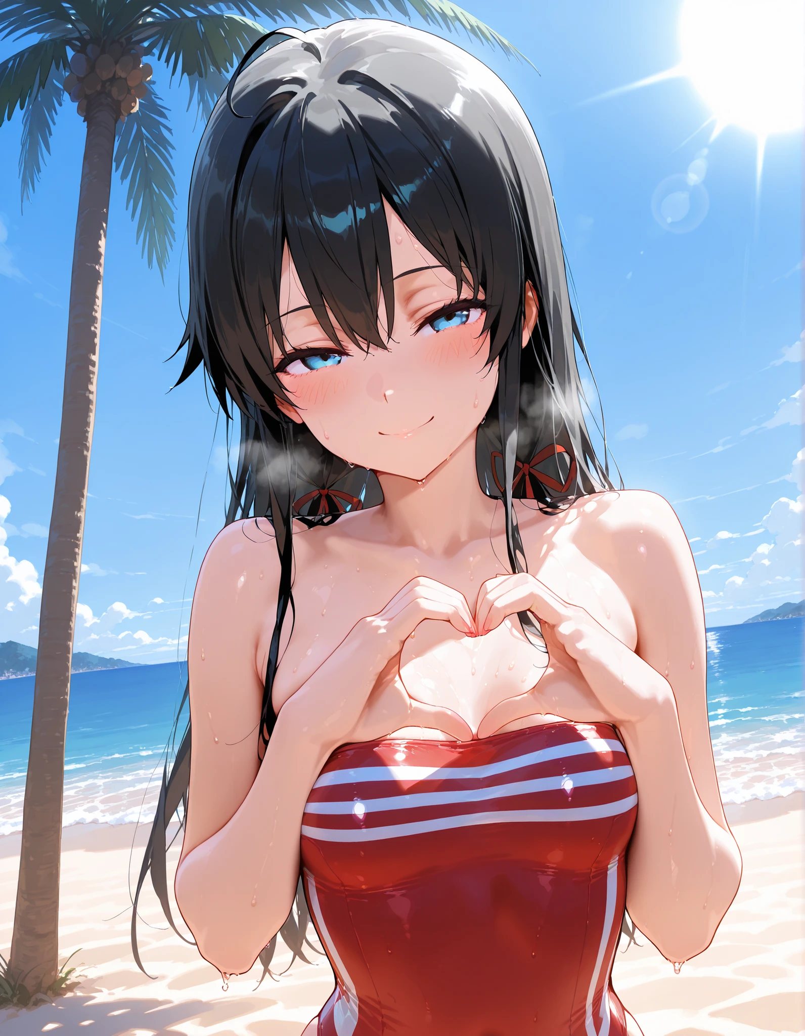 score_9, score_8_up, score_7_up, source_anime BREAK 1girl, solo, looking at viewer, cowboy shot,  detailed background,  Heroine X, stomach, navel, white bikini, white panties, side-tie bikini bottom, blue shrug \(clothing\), long sleeves, wristband, baseball cap,  huge breasts, underboob, sideboob, beach, ocean, sunlight, waterdrop, heart hands,