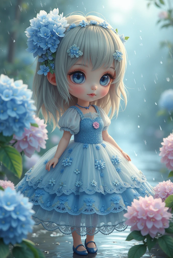 1 girl, orange pigtails, white hair, pale skin, light blue hair accessory, blue suspenders, blue clothes, light blue eyes, barefoot, double braids, best quality, 4k, 8k, highres, masterpiece:1.2, ultra-detailed, realistic, photorealistic, photo-realistic:1.37, HDR, UHD, studio lighting, ultra-fine painting, sharp focus, physically-based rendering, extreme detail description, professional, vivid colors, bokeh, anime, blue color tone, soft lighting