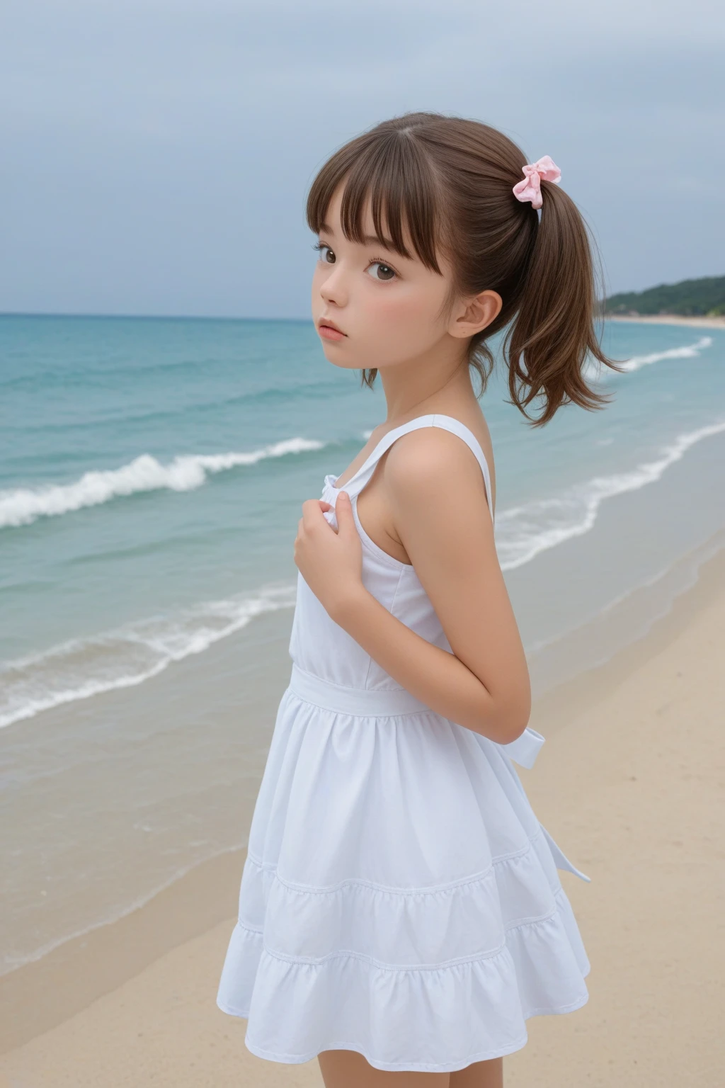 (8k), (masterpiece), (High resolution), (Realistic:1.4), Japanese, Childish:1.3, from the front, (smile:1.3), ((cute:1.5)), Innocent, innocent, Full of Charity, kind, ((Double Eyes)), (Dark Eyes), Beautiful eye and skin details:1.5, (Realistic skin texture:1.5), (((High nose:1.5))), White camisole dress, White and sheer clothes, Her clothes are transparent and her skin is visible, Clothes are see-through and nipples are visible, (Pink nipples), Décolletage, Black Hair, straight hair, Child body type, (Slender), summer, noon, bright, Sandy Beach, Flower crown, flat chest:1.5