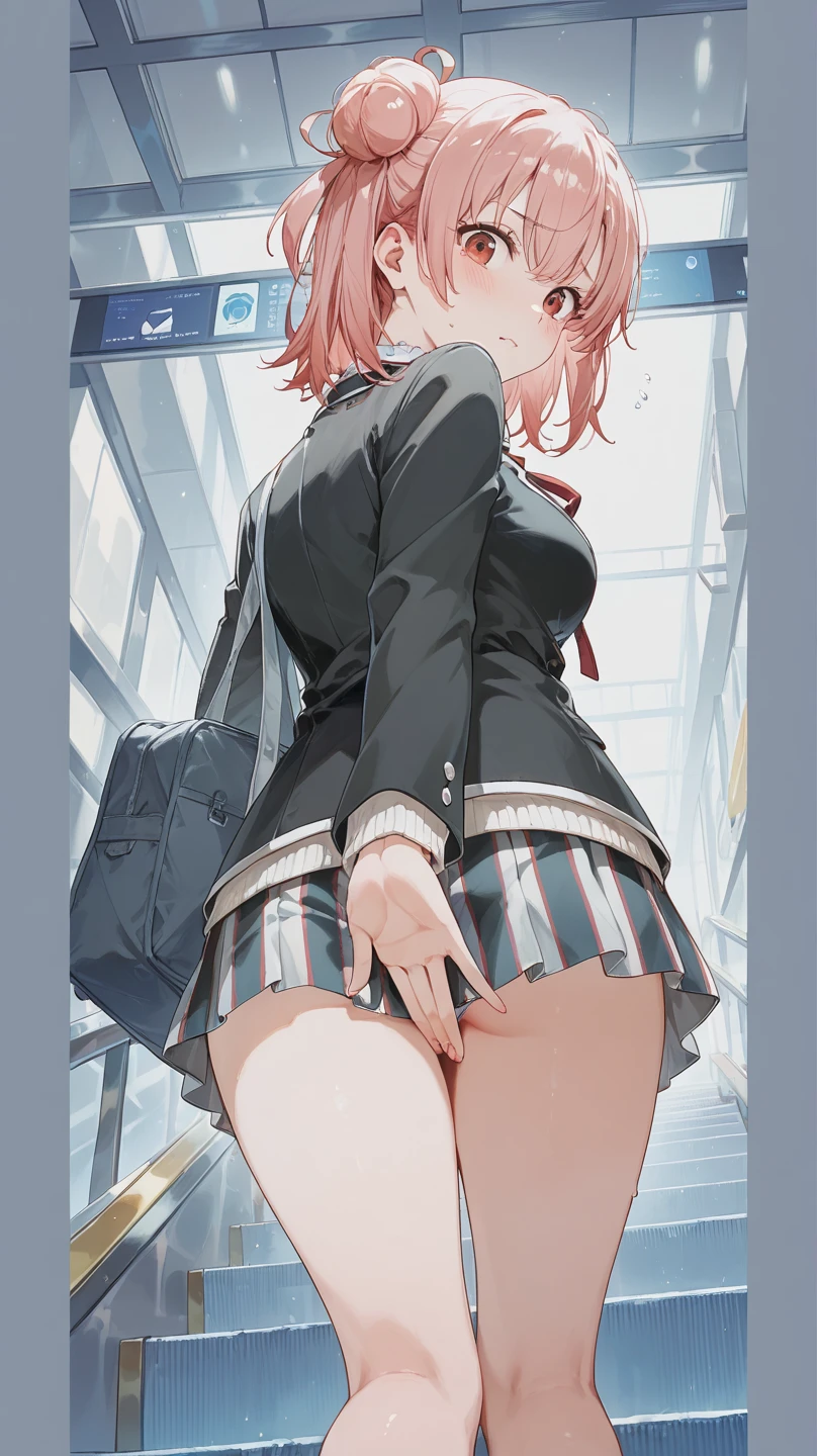ruby kurosawa, aqua eyes, medium hair, red hair, two side up, twintails, a blue skirt、jaket、Otonokizaka Uniform、pleatedskirt、student clothes、Winter clothes、BREAK (masterpiece:1.2)、top-quality、hight resolution、unity 8k wall paper、(illustratio:0.8)、(beatiful detailed eyes:1.6)、extra detailed face、Perfect litthing、Highly detailed CG、 (perfect hand、perfect anatomia)、Look at viewers、red blush、A smile、piece sign、Stand on the escalator, (By up escalator), (lower body shot), Thigh Focus, (Taken from the bottom 1.3), (View from behind1.3)、 (white panties:1.3)、(Skirt that rolls up:1.3)、(Fully exposed panties:1.5),(Show your ass:1.3)