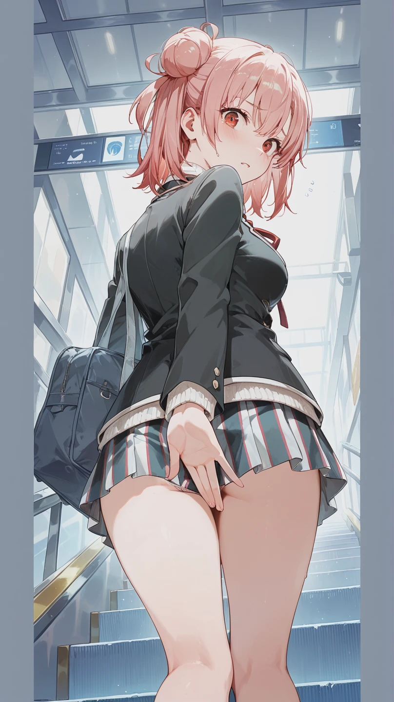 Nishikino maki,solo,1 girl,, purple eyes,red hair short hair,,,, red face, smile,,,, , full body shot , long hair, , looking at viewer, perfect face,top-quality, ultra-quality,from a blue skirt、jaket、Otonokizaka Uniform、pleatedskirt、student clothes、Winter clothes、BREAK (​masterpiece:1.2)、top-quality、hight resolution、unity 8k wall paper、(illustratio:0.8)、(beatiful detailed eyes:1.6)、extra detailed face、Perfect litthing、Highly detailed CG、 (perfect hand、perfect anatomia)、Look at viewers、red blush、A smile、Stand on the escalator, (By up escalator), (lower body shot), Thigh Focus, (Taken from the bottom 1.3), (View from behind1.3)、 (white panties:1.3)、(Skirt that rolls up:1.3)、(Fully exposed panties:1.5), full body shot