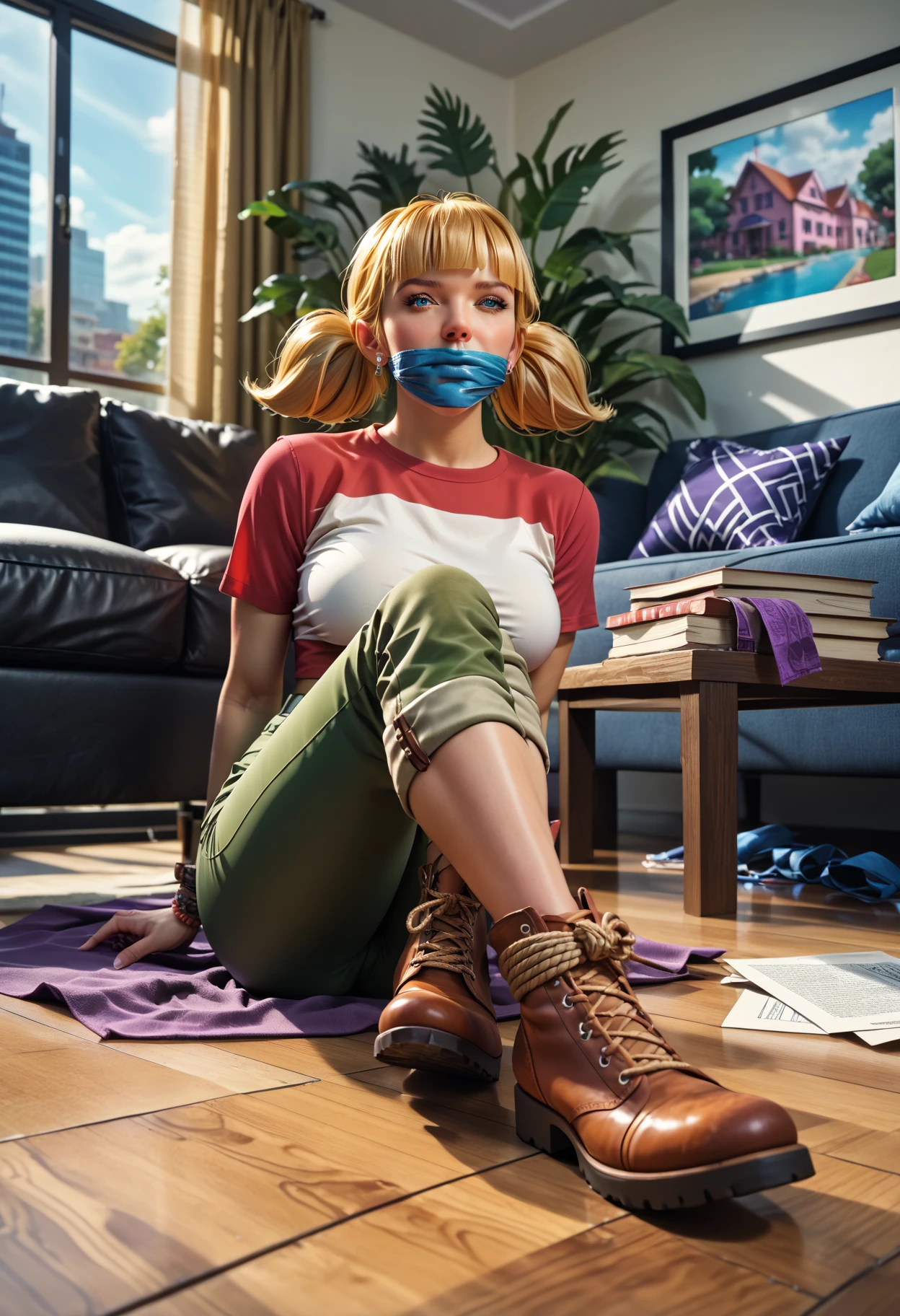 full body, 16 years old, barbie doll style girl, random hair, in short tight dress, against neon light concrete background, phytorealistic, hasbro style, tied ankles together, barefoot, tied arms, sit on a chair, tape gagged