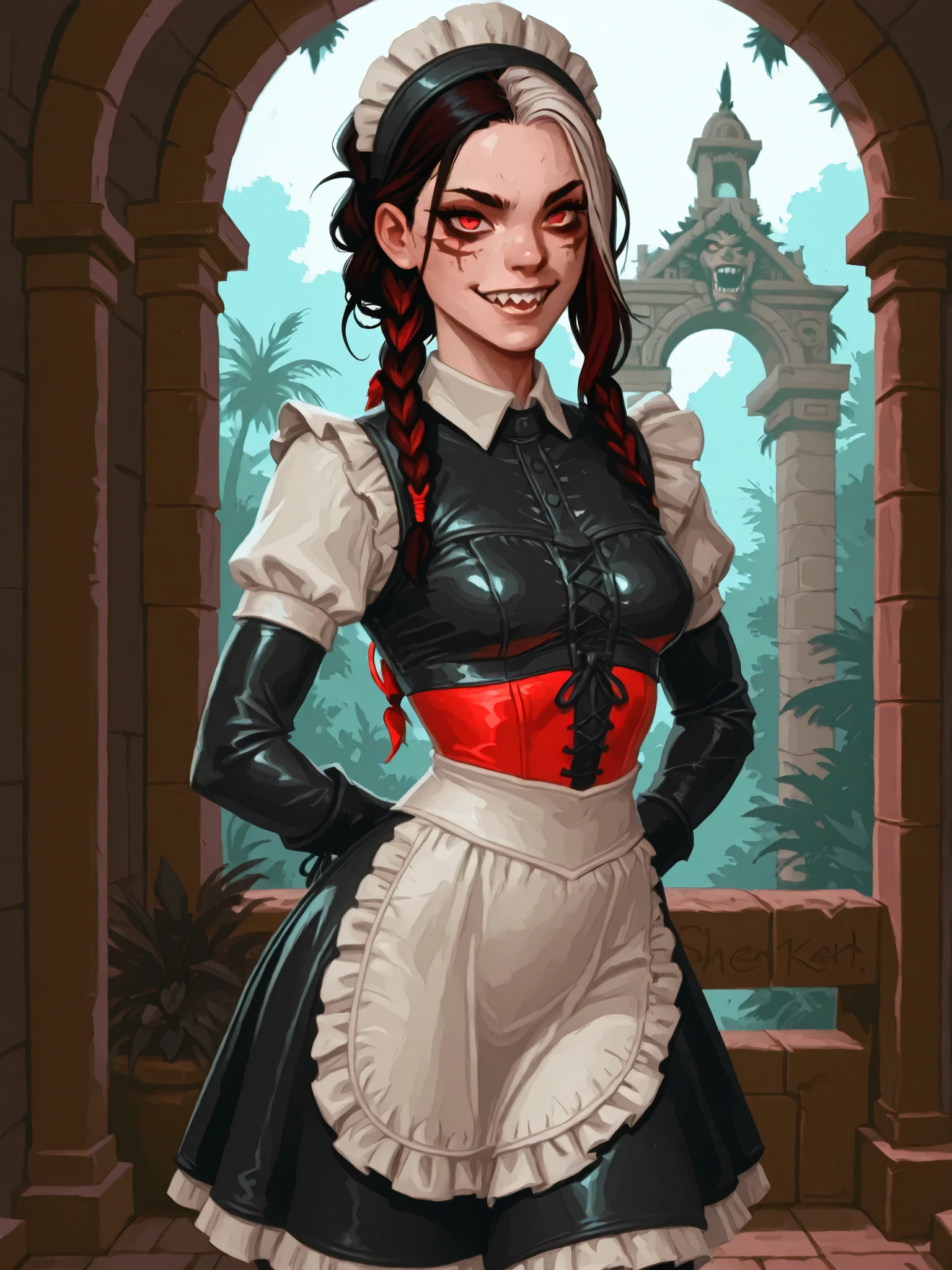 Drawn like the artist Bob Kehl. The indiginous (Inca) girl has white and dark hair, darker skin, red-coloured eyes, with sharp teeth, athletic body and abs. White highlights in her braid. She wears Aztec leather outfit with snakeskin-texture. She has small . Atmospheric lighting. Darker colours. She looks like Wednesday Adams.