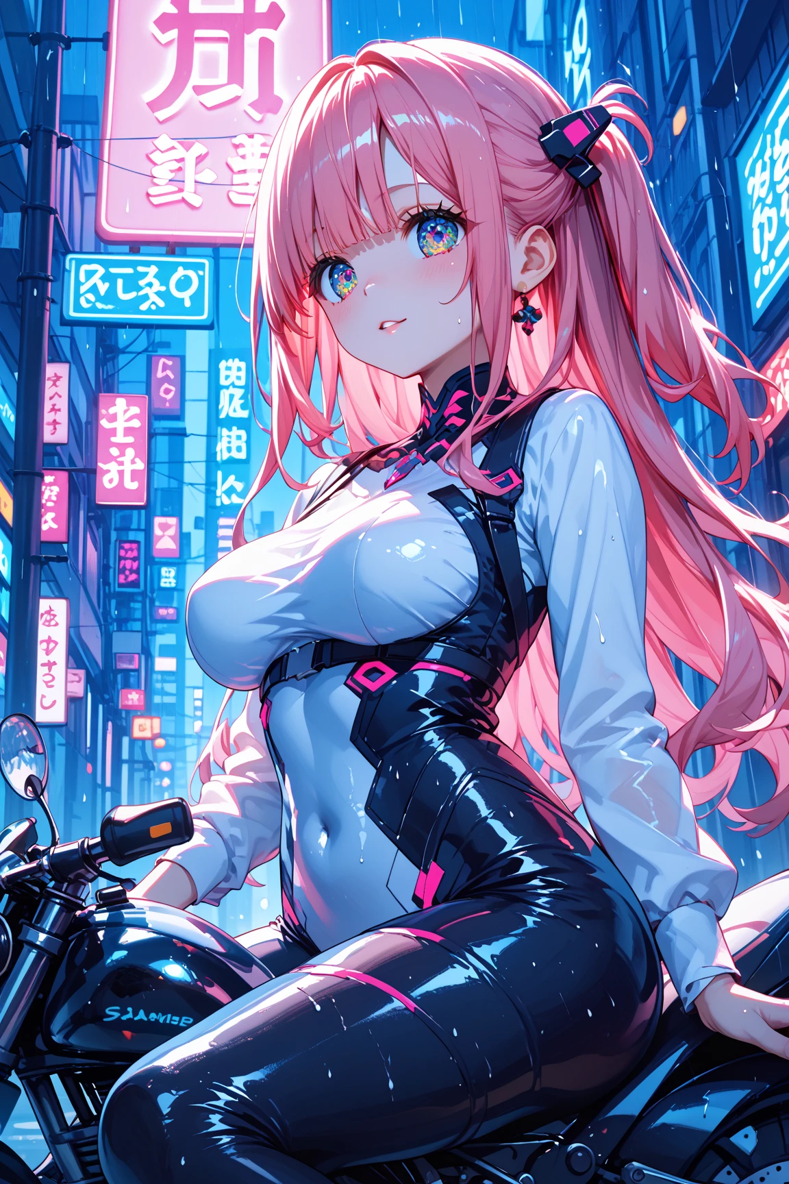 (Highest quality, 8k, 32K, masterpiece, Ultra-high resolution,:1.2),to be born, One Girl,So cute , Neon night city, Fantasy Background, clear, Shining Eyes, Age 25 ,Fair skin, Pink Haired Girl, Punk clothes, Long Hair, An innocent smile, Grin, Neon sign, Large Breasts