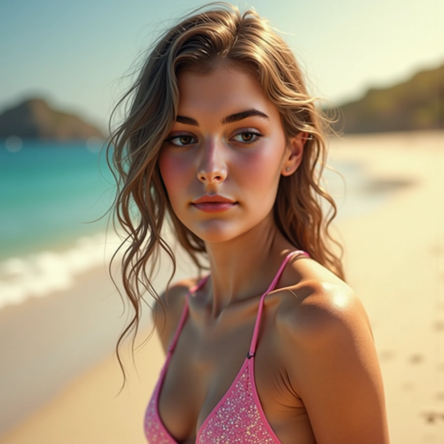 arafed woman with black eye liner, sexy girl with brown eyes, full body, brown long hair and siren eyes, selfie of a young woman, selfie in hammock taken up close . Showing alot of cleavage, bedroom eyes, blue bakini and shorts with makeup, natural and lip gloss , looking directly at the camera, face with artgram, subtle makeup, stunning close up face / chest selfie, on a beach– hammock behind her, cleavage, medium lips with natural shade, many photos from different angles. Realistic