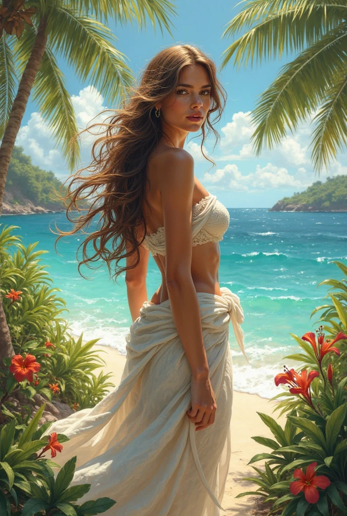Help me draw a barefoot Hawaiian girl on the beach