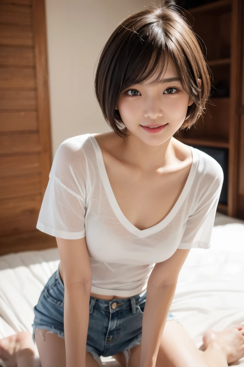 Nikon Z 85mm、(Raw foto:1.2)、 ulzzang -6500-v1.1, 
（intricate-detail、Sharp Focus、proffesional、Photorealsitic、top-quality、Live action、8K、
（realisitic、Real Human、）portlate、photorealisim、）、 
（a beauty girl、Japanese high school  girl、18year old、1 girl in、独奏、（Excellent style、（de pele branca、Slender Abs:1.1、moderately sized milk,:3.2、））、 
（Attractive woman、（Shyness、seductiv、glamor、become、kawaii、waking up、））、 
（bob cuts、（A dark-haired、shinny hair、））、 
（hyperdetailed face、（very detailed lips、round and detailed eyes、二重まぶた、Moist eyes、Delicate eyebrows、））、 （garments、（white t-shirts、short pants、Healthy、A sexy、））、 
（a room、（Bedroom of a woman living alone、Real life、Stylish room、Cute interior、morning、On the bed in the morning sun、White sheets、））、 
（hi、（Sleeping in bed、（laying on back、sexypose、seductiv、relax、））、
（the pose、（provocation、seductiv、A sexy、））、