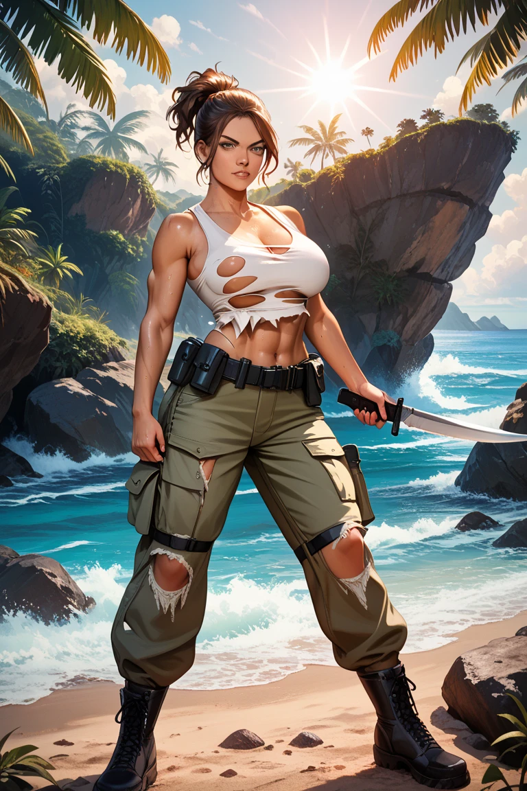 Ryder McAllister, Torn Dirty Tank Top, leather shorts, utility belt, thigh strap , wading through water, water splashing, wet skin, wet hair, messy hair, fierce look, large breasts 
<lora:XenoBABE_Ryder_McAllister_-_The_Girl_Next_Door:0.7>