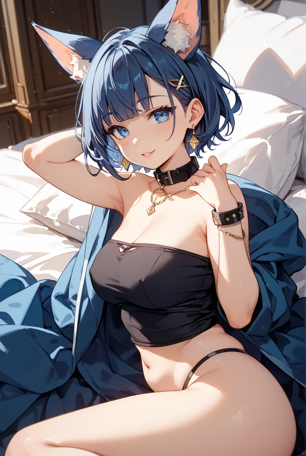 (masterpiece:1.2, best quality:1.2), full body, regal bearing of an imperial princess, small height of 5 feet (152 cm), very cute face, crown with strong protective enchantment, blue bobbed hair, small A-cup breasts, blue and revealing but cute bikini, white; clear skin, As a general rule will only show herself in a bikini to 's coworkers She wears a cloak to hide her bikini from commoners and other nobles, Ray Tracing, Global Illumination, An Extremely Delicate And Beautiful, Best Shadows, Shallow Depth of Field, Brilliant Colorful Paintings, Dramatic Shadow, Dramatic Lighting, sharp focus, (8k), (4k), extremely detailed, intricate, hyper detailed,