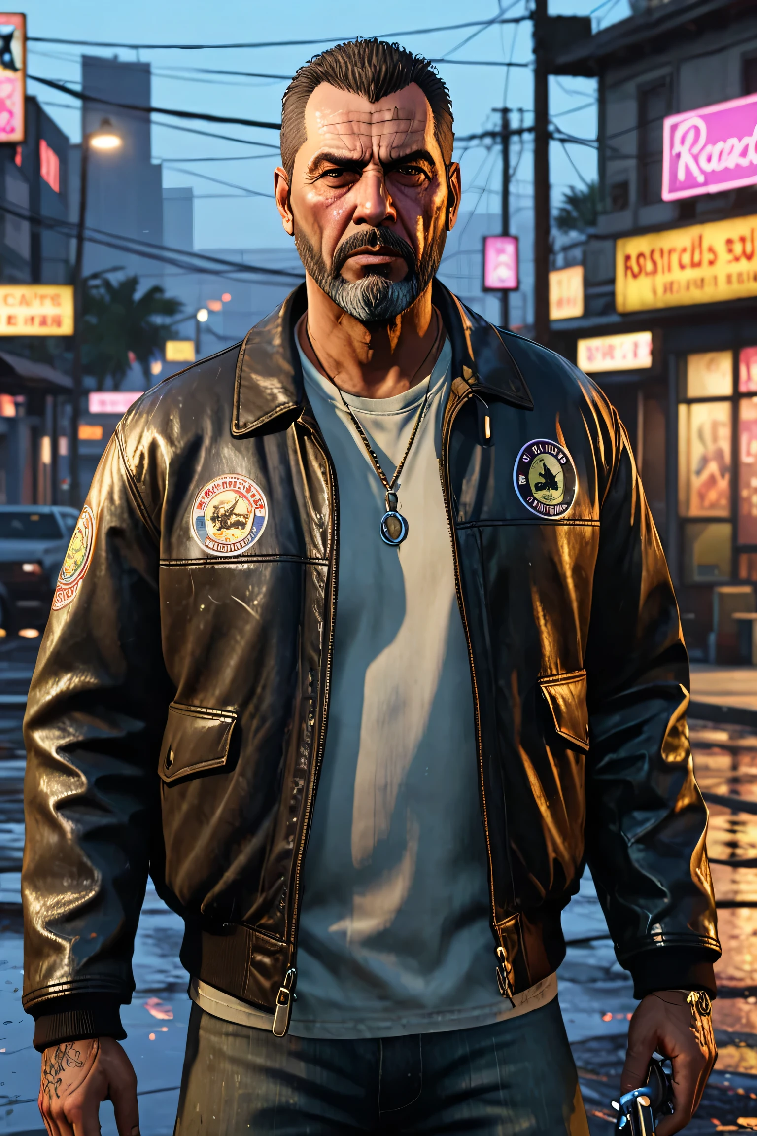 “Hyperrealistic GTA VI style portrait of Marcus, a 55-year-old retired soldier turned fixer. Rugged face with scars and wrinkles, graying beard, sharp eyes showing experience. Short military haircut, wearing a rugged leather jacket over a simple shirt, with dog tags faintly visible. A cigarette in his hand, his expression stern and calculating. Background: gritty neon-lit street corner, wet pavement, faint reflections of neon signs. Style: Rockstar Games GTA VI cinematic artwork, realistic with stylized details, hyper-detailed textures.”