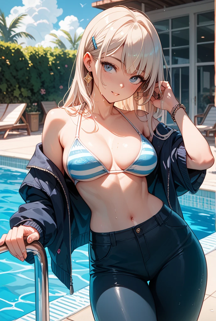 ((2D Beautiful Girl、highest quality、Perfect Finger 1.3、Perfect Anatomy 1.3、Very delicate and beautiful illustrations))、Cute girl、(Conversion Sequence)、((Swimwear))、14 years、Slender beautiful girl、Fractal Art、Baby Face、((Straight Long Hair))、Big droopy eyes、Laughter、Full-body display、(1 person)、Long sleeve、School swimming pool、standing、