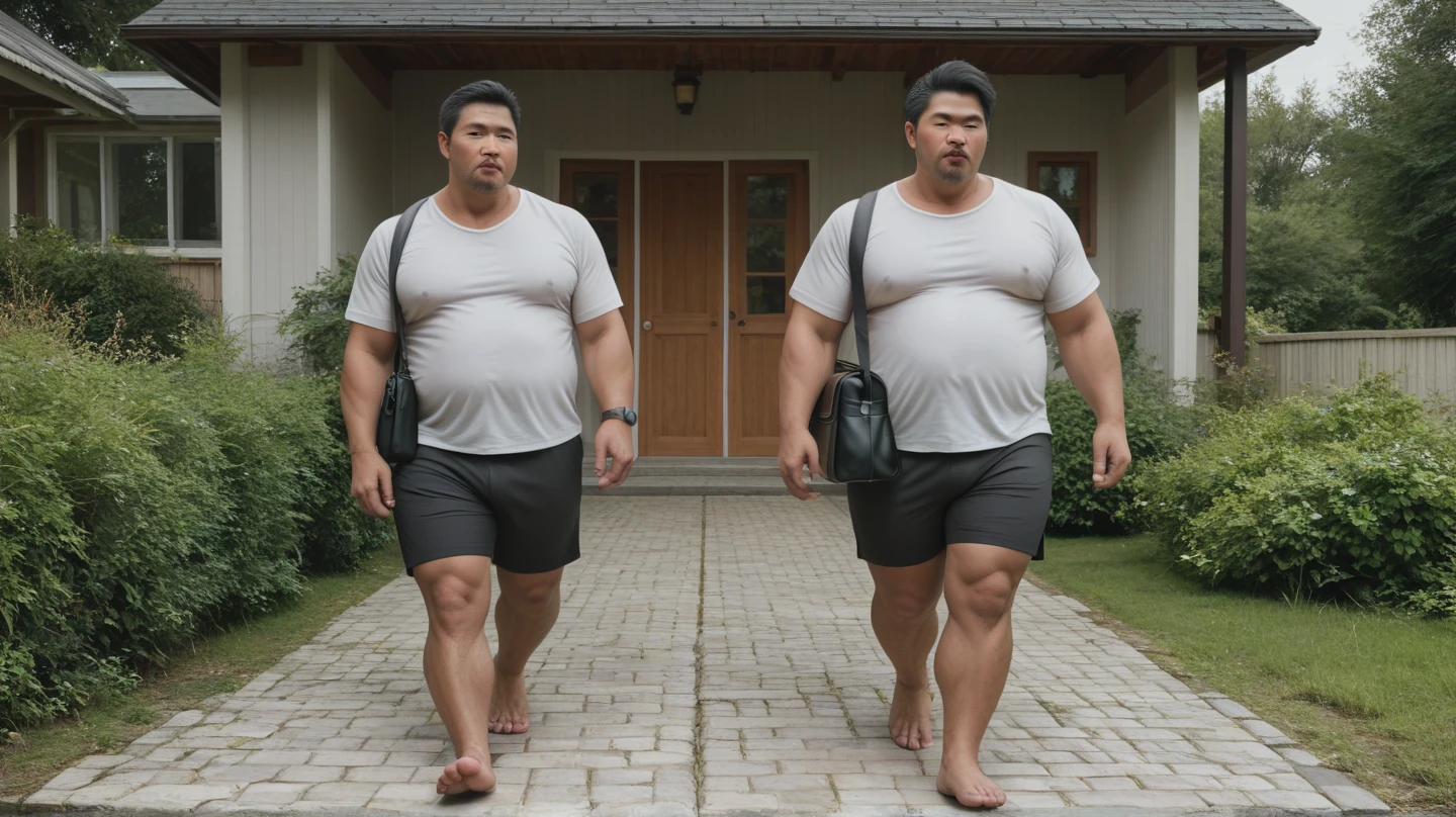 2 vietnamese grandfathers with gray hair, mature face, a thick mustache, a short chin beard, bear body, wearing a massive bulging gray jockstraps standing at the beach, have belly, big muscular chest, a sexy pose.