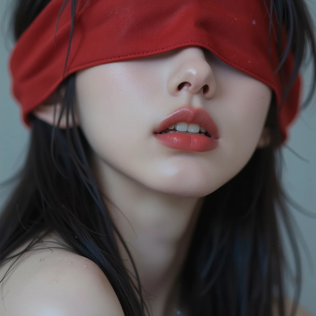 1girl,solo,breasts,black hair,navel,nude,armpits,arms up,lips,rope,realistic,blindfold,bdsm,gohei,<lora:lbc_bondage_training:0.8>,