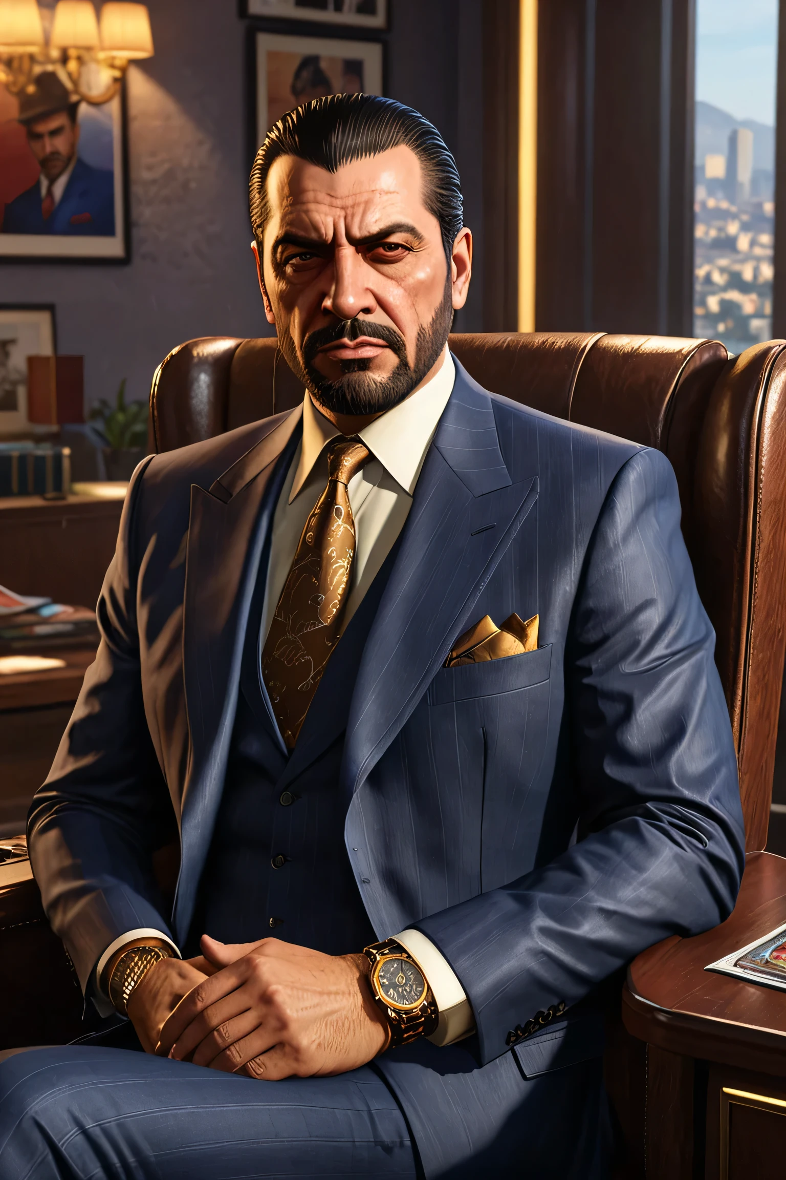 “Hyperrealistic GTA VI style portrait of Carlo Rossi, Italian mafia boss in his late 40s. Broad-shouldered, intimidating, with slicked-back dark hair and a neatly groomed beard. Sharp brown eyes filled with arrogance and danger. Wearing an expensive Italian tailored suit, gold watch, cigar in one hand. Expression smug and confident, exuding power. Background: luxurious mafia office with golden lighting, leather chair, smoke in the air, whiskey glass nearby. Style: Rockstar Games GTA VI artwork, cinematic hyperrealism with stylized crime-drama atmosphere.”