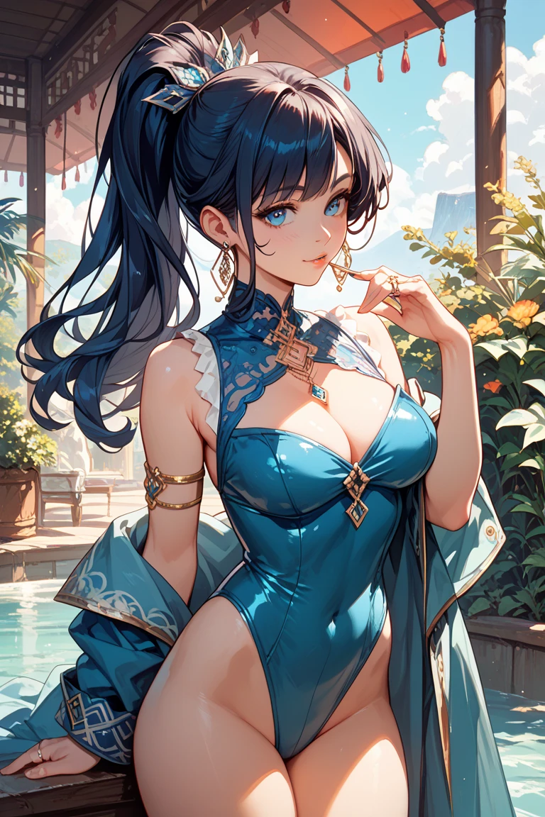 Masterpiece、Highest quality、Super detailed、1 girl、(Big Tits)、Fluffy and soft long hair、Blue Eyes、Cleavage、Navy Blue Hair、bra、Chinese Fantasy