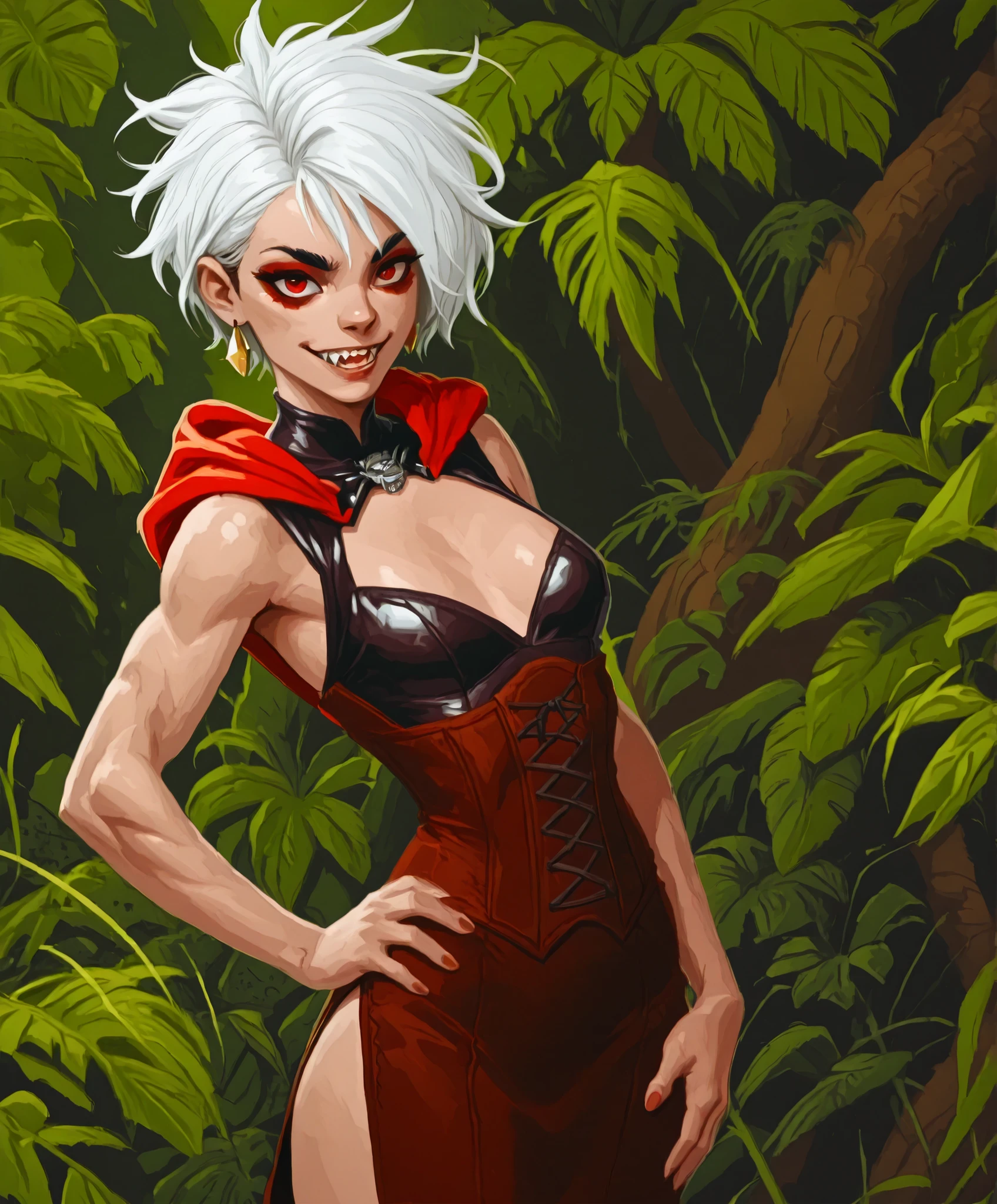 Drawn like the artist Bob Kehl. The indiginous (Inca) girl has white and dark hair, darker skin, red-coloured eyes, with sharp teeth, athletic body and abs. White highlights in her braid. She wears Aztec leather outfit with snakeskin-texture. She has small . Atmospheric lighting. Darker colours. She looks like Wednesday Adams.