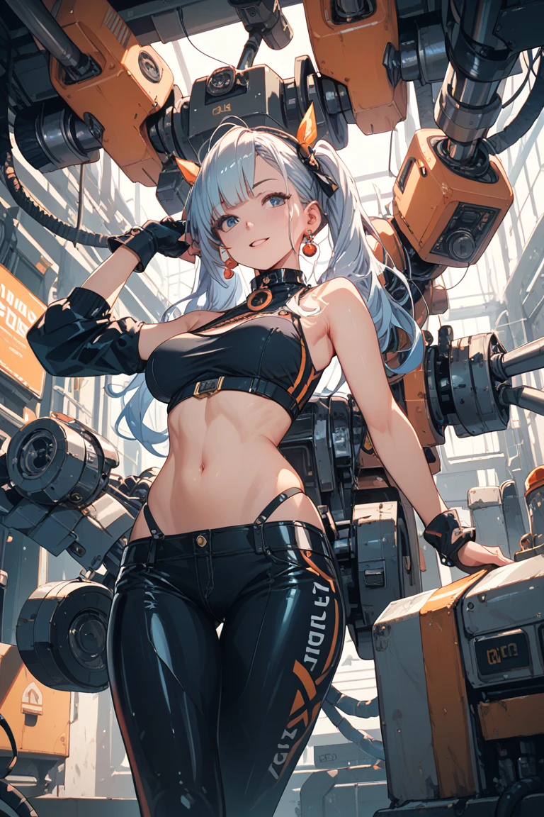 (highest quality), From above:1.2,1 female, alone, Shining school swimsuit,double big round eyes,blonde, twin tails, red eyes, (black skin),blush,smile, (open chest:1.1),Cyberpunk world,dynamic composition,big breasts,Socks above the knee,Muchimuchi,Psychedelic color scheme,Iridescent background,rabbit ear headphones,turbo in the back,machine legs,rainbow colored screen,((cockpit of a complex machine)),profile,(parka style armor)