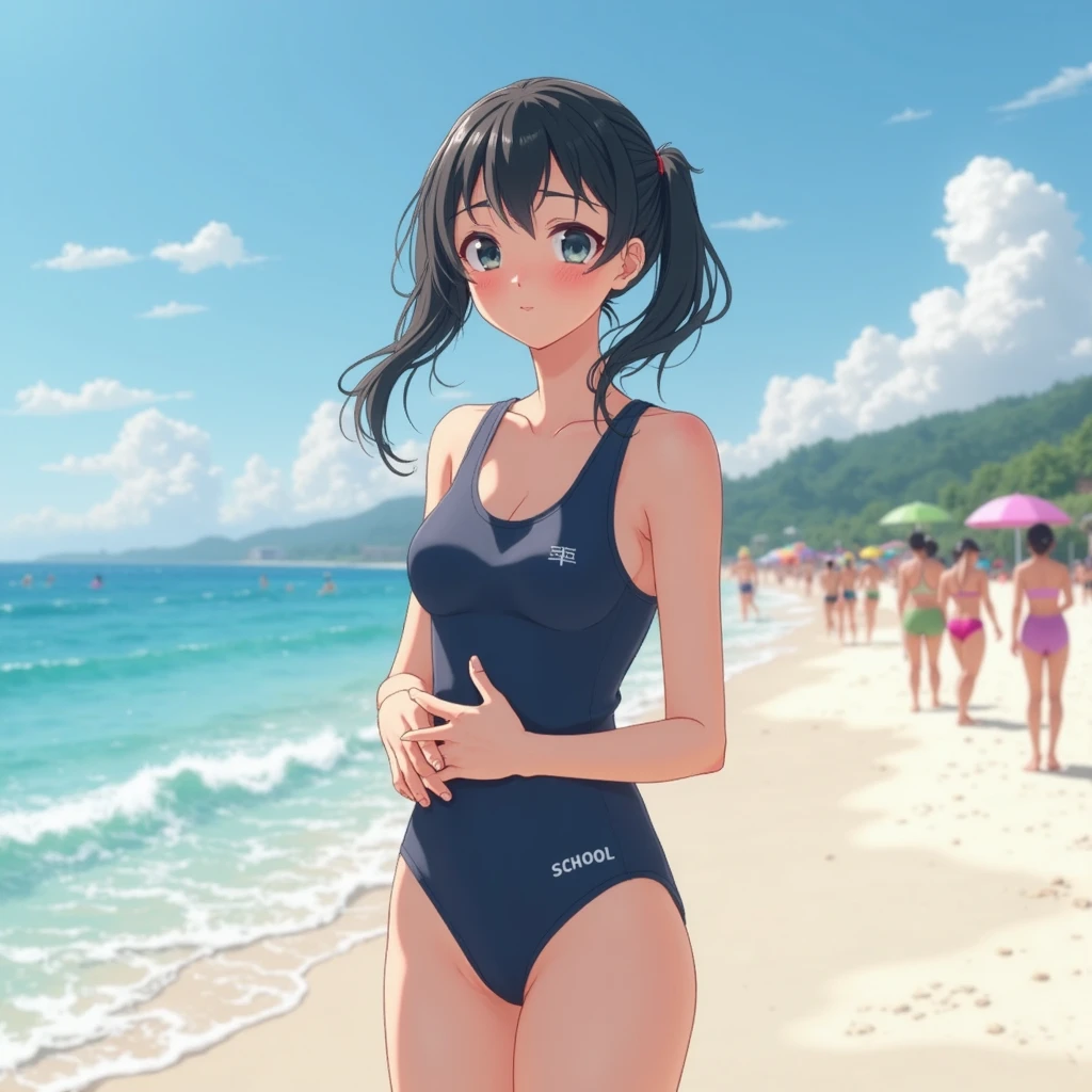 NSFW、In the best quality、Teenage girl standing on a sandy beach。In high resolution、Beautiful details、Quiet atmosphere。Black hair ponytail、Cute Smile.。Small breasts、Cute School Swimsuit。