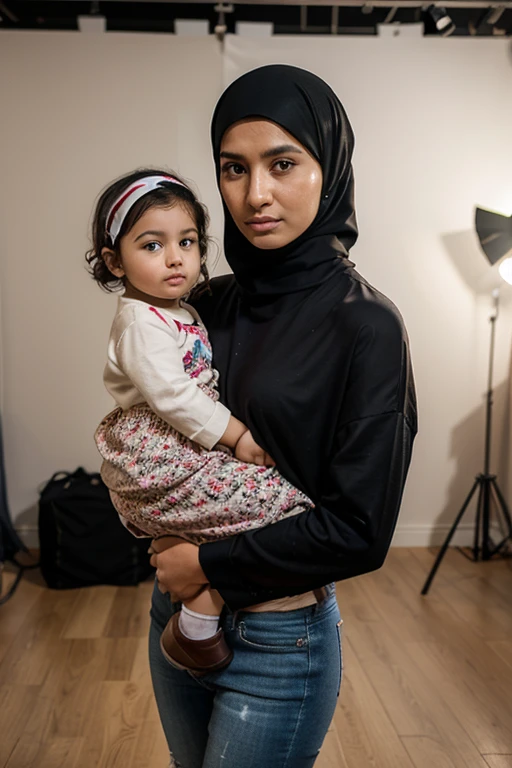 mom wearing hijab with her son in intimate position
