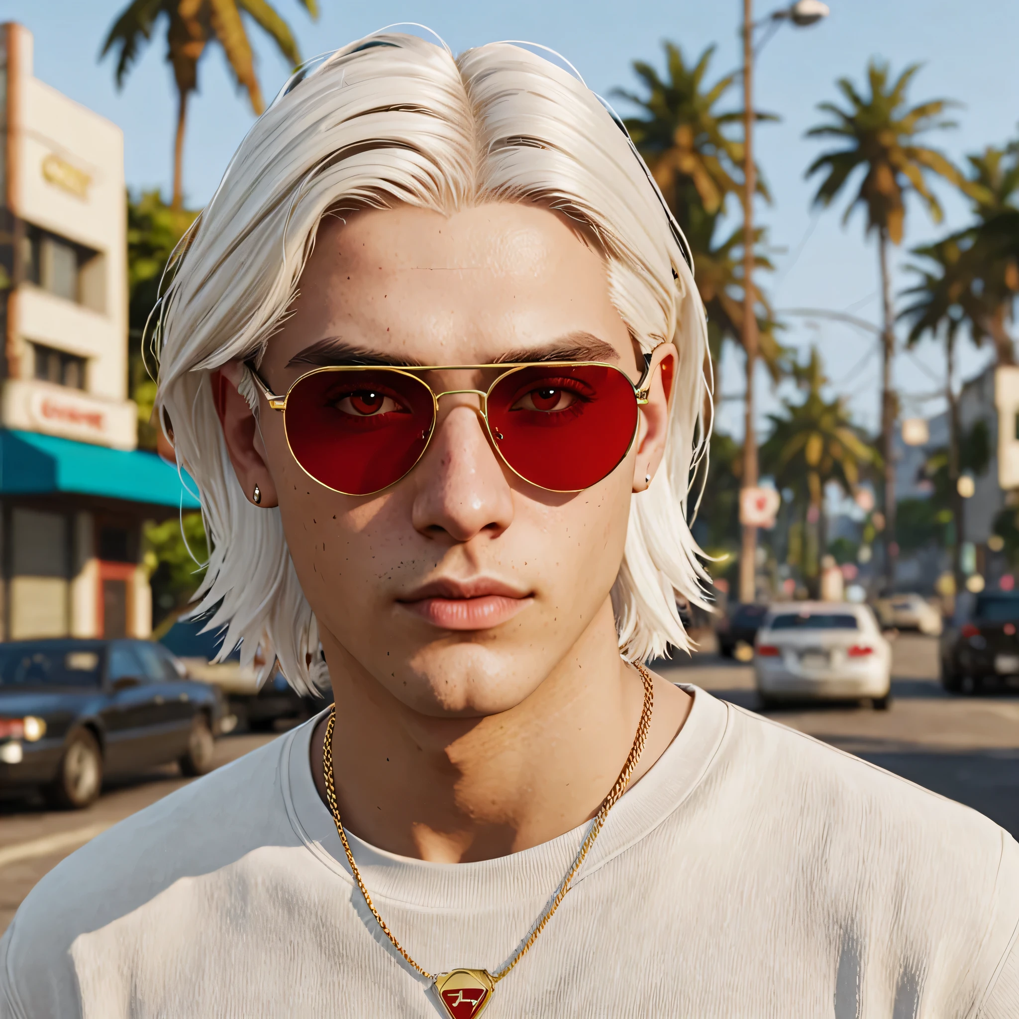 A teenager with red eyes and white hair, Cartier gold lenses, gta style, HD portrait