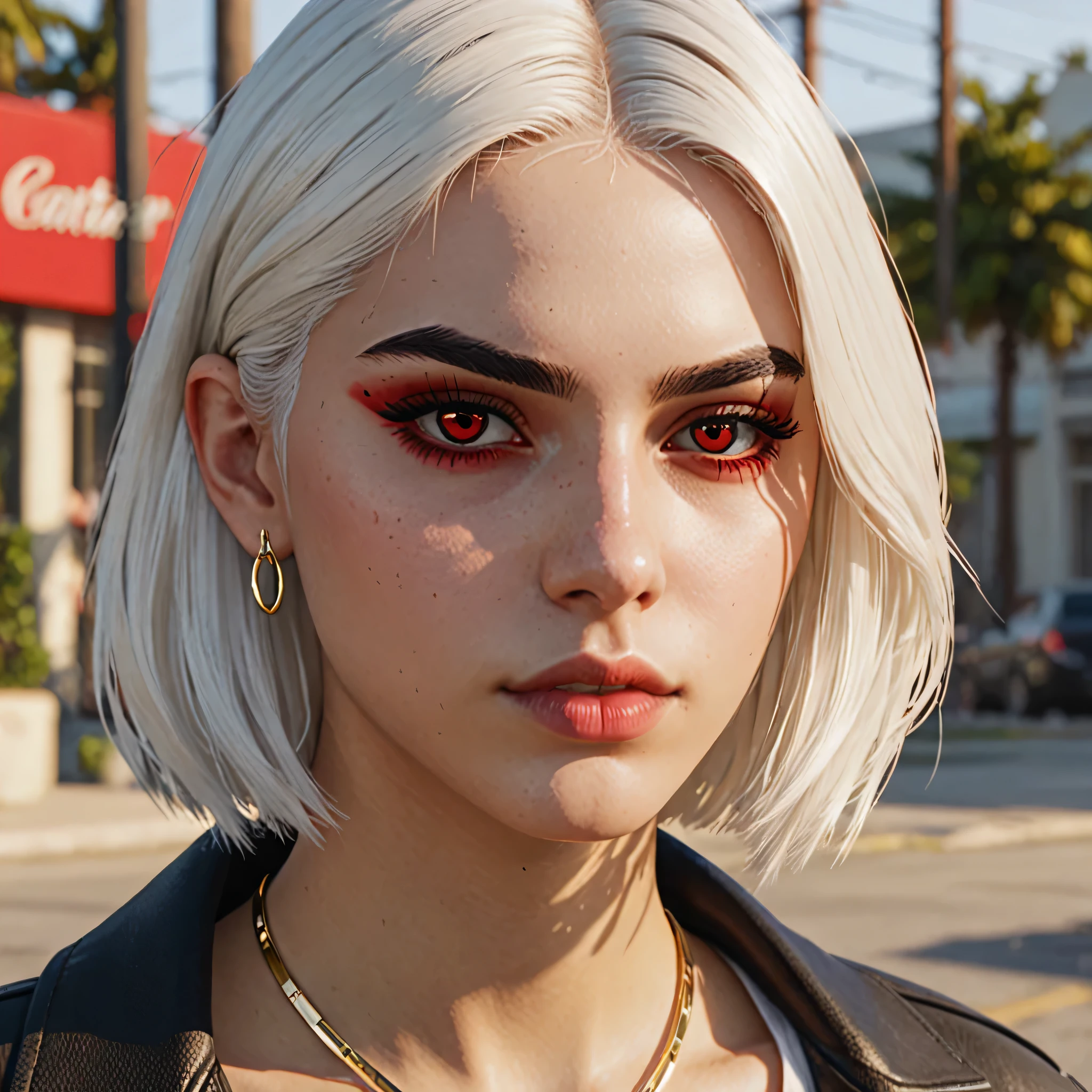 A teenager with red eyes and white hair, Cartier gold lenses, line on the eyebrow,gta style, HD portrait