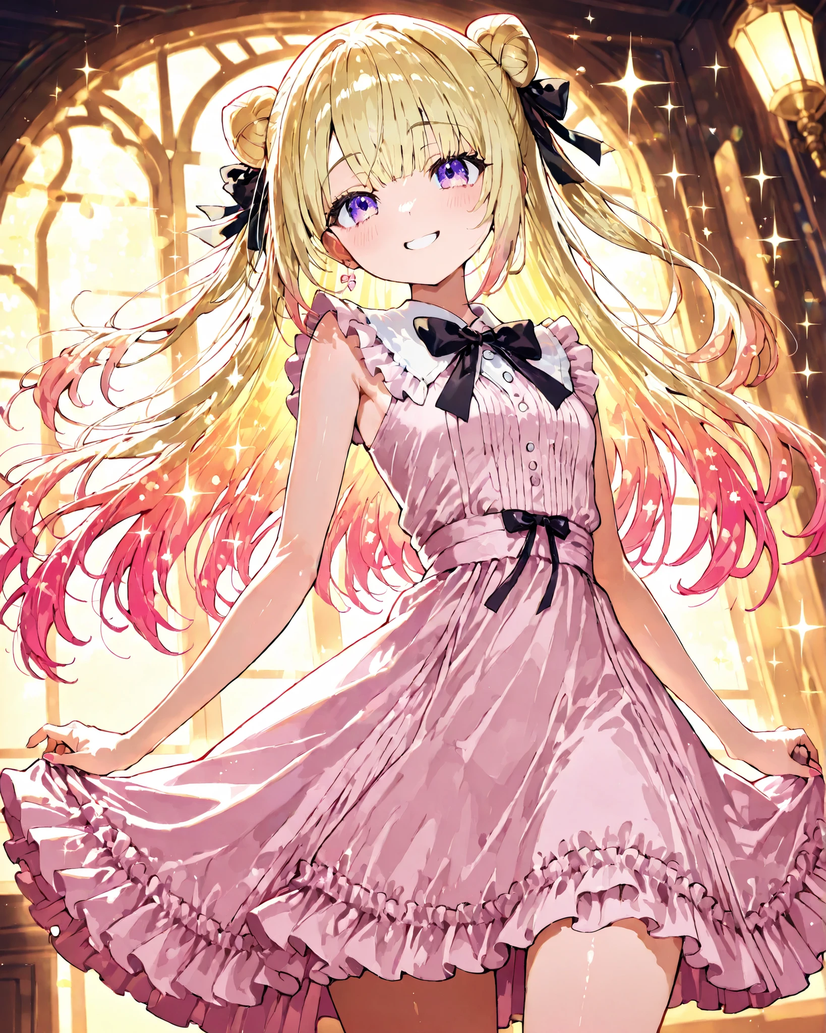 A young woman with long, flowing blonde hair tied into a single elegant bun stands with her arms playfully behind her back, looking directly at the viewer with a cheerful, open-mouthed smile. She has striking purple eyes that sparkle with joy. The woman wears a sleeveless pink dress with delicate ruffled details, accentuating her feminine figure. In the background, a bountiful display of grapes and other fruits creates a lush, pink-themed setting. Sunlight filters through, casting a warm glow on her smooth skin and the vibrant colors around her. The scene radiates youthful energy and sweetness, with every detail from the fabric's texture to the glistening fruit rendered with meticulous care.