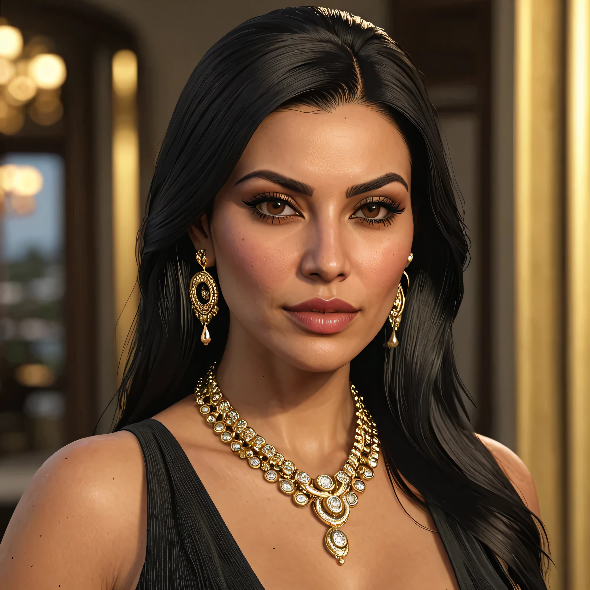 Elegant woman 33 years old, exotic and rare facial features, black hair, gold jewelry, Alta Clase , a bit of a mafiosa , gta style, HD portrait