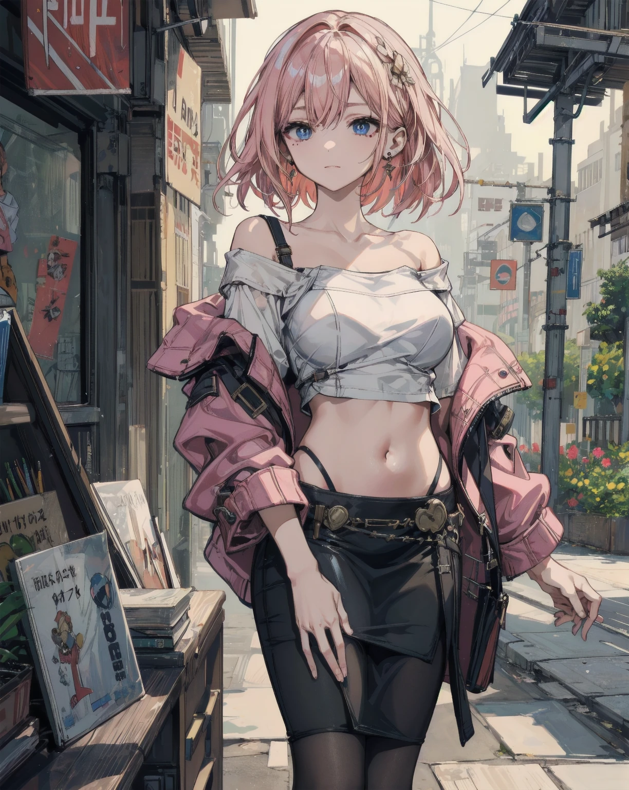 masterpiece, Highest quality, Pixiv, coolな美人, Dark pink hair, Curly Hair, Blunt bangs, Straight bangs, Grey Eyes, White skin,Off-the-shoulder plain white t-shirt、 cool、Improve、Face close-up、The background is a midnight starry sky