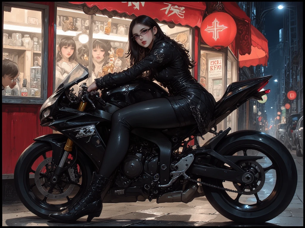 Huntress riding a high-tech motorcycle, Shoot high-tech artillery, Sparks from the gun, (1 female, brown eyes, white skin, Twin-tailed black hair, choker, small breasts, skinny, lip whole, compensate, eyeliner, Russia), Wearing black one-piece leather armor, Long leather gloves, long Leather boots, In a cyberpunk town at night,  (cyberpunk theme), (masterpiece, highest quality, 8K, sharp focus, Depth of bounds written, best shadows, perfect light, HDR, realistic skin texture, Ultra-detailed and detailed background), wide shot