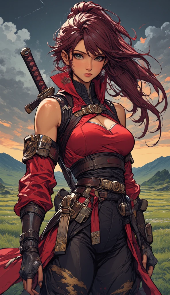 (((full body photo))),masterpiece,best quality,extreme detail,8k,taki2,1girl,solo,breasts,large breasts,black hair,gloves,bare shoulders,ponytail,weapon,outdoors,sky,sword,cloud,signature,fingerless gloves,armor,tree,bodysuit,glowing,katana,shoulder armor,sheath,skin tight,weapon on back,