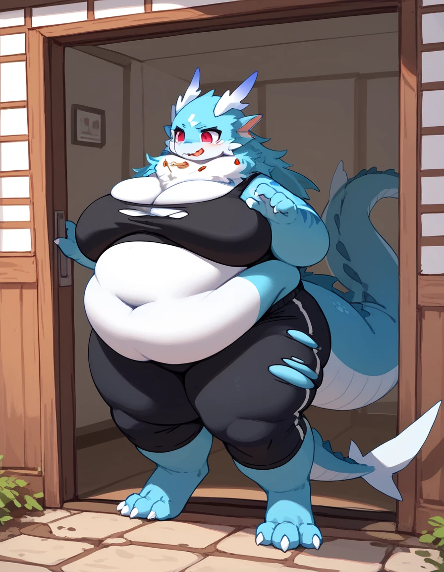 (((detailed eyes, detailed face))), (furry, qinglongtas <lora:qinglong:0.8>, orange eyes, blue body, horn, dragon, flesh whiskers, facial hair, old man), male, (solo), (plump, fat, chubby, overweight), (white briefs <lora:bulge_brief_cum_findigo_v3:1>, topless), (cameltoe), standing, (arms behind back), smile BREAK (by kuroisumi, yupa, kiyosan), bedroom, (soft shading, high brightness), masterpiece, (full body)