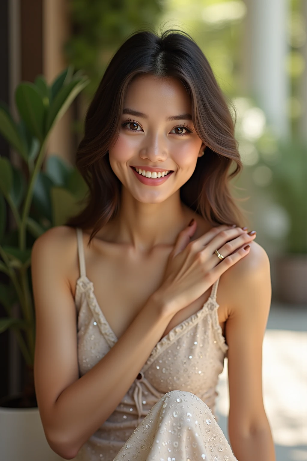 Skinny Japanese woman, 30th generation, One Girl,
(Wearing a sleeveless glittery evening dress:1.2),
((short, See-through skirt, She spreads her legs and touches her panties:1.5)),
(RAW Photos, highest quality), (Realistic, photo-Realistic:1.4), masterpiece, Very delicate and beautiful, Very detailed, 2k wallpaper, wonderful, In detail, Very detailedな, High resolution, Soft Light, Beautiful detailed girl, Very detailed eyes and face, Beautiful and detailed nose, Beautiful details,Cinema Lighting,((City lights at night)),Perfect Anatomy,smile,
Narrow shoulders, Beautiful clavicle, thin arms, length, Thin legs, Small Ass, No bra,
Slim figure, The beauty of slim abs :1.2, thin waist :1.2, thin thighs :1.2,
Very fine eye, Long, narrow eyes, Brown eyes, double eyelid, Extremely fine eyebrows, thin, Long eyelashes, Watery eye,
Ultra-detailed lips, Plump and moisturized lips, Glossy pink lips, Blushed, ((White beautiful teeth)),
Beautiful actress'Fatigue Make-up, Brightly colored moisturizing lipstick,
Dark brown hair, Delicate and soft hair, Hair blowing in the wind,
(Put your hair up, Medium Short Hair, ponytail:1.2),
Layered Cut, (Blunt bangs:1.2),
可愛いsmile, Please open your mouth a little, Dreamy look, ((Staring at the viewer)),
(((Photorealism))),((The body is facing the viewer)),
Dynamic Lighting,
Beautiful fashion accessories(((High detail,High detail,masterpiece,Simple and elegant ornaments,necklace,bracelet, ring, Earrings,))),
((Lift your face a little)),
((Squint your eyes)),
((Pursing your lips:1.2)),
((Blushing)),
((The cleavage is fluffy)),
((Flat Chest)),