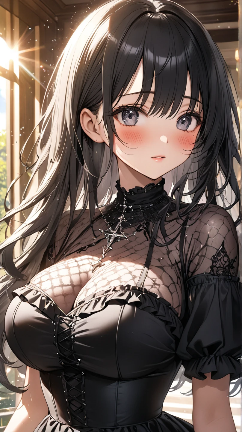 Highest quality,masterpiece,, look down, Upper Body,Hair bundle,Fair skin,French braids,smile,Blunt bangs,Gradient Hair,The left sideburn is longer than the right sideburn.,Main unit front view,Loosen clothing around the neck,Cross your arms,Four fingers, Big Breasts,