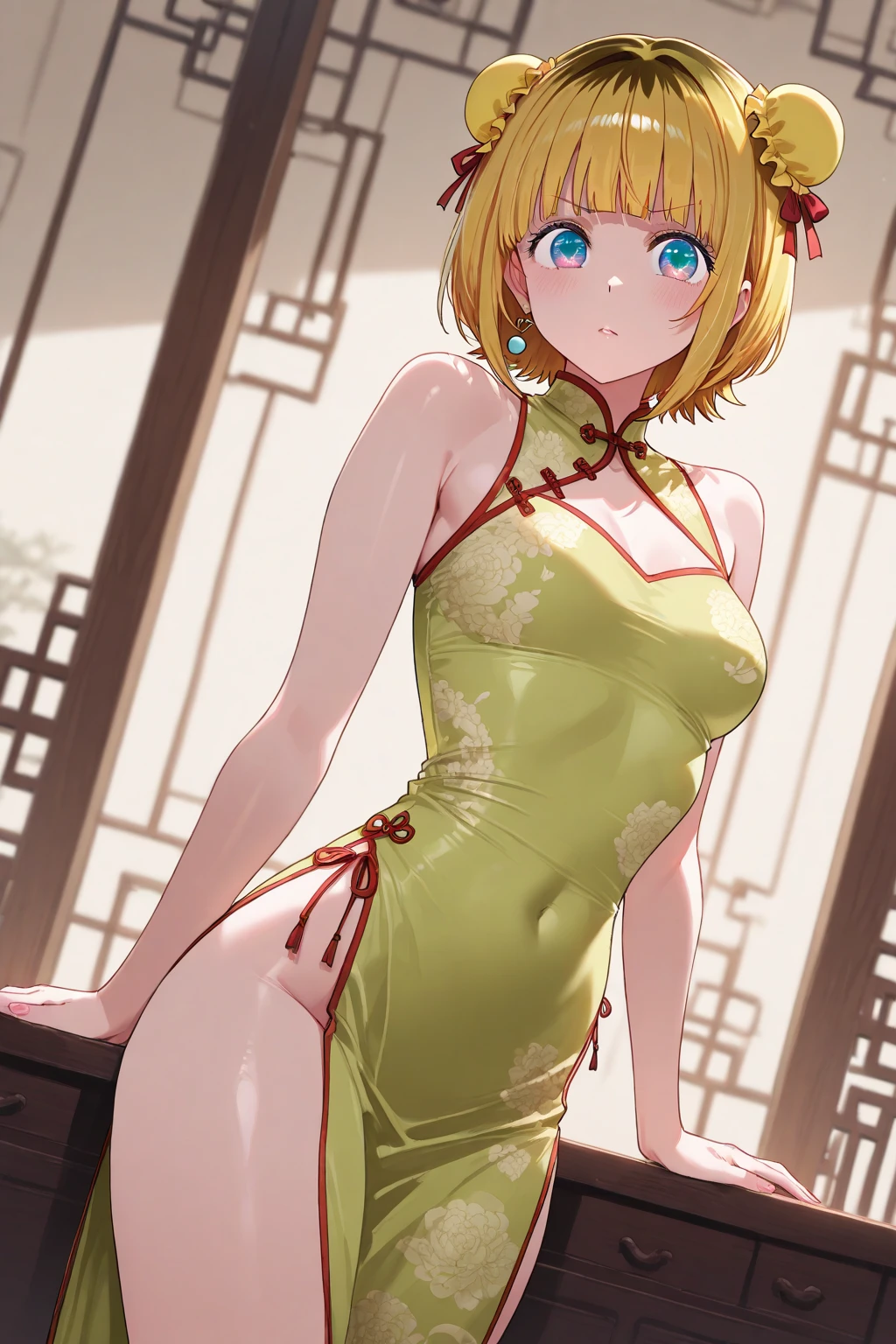 kneeling on the bed、Wearing a green cheongsam、Nipples are visible、Blonde、Bun Hair