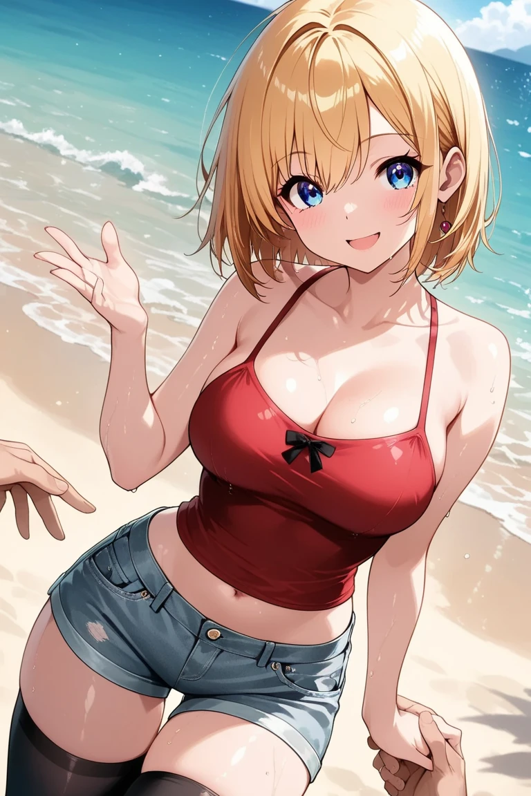 1 girl, memocho, blonde hair, blue eyes, dull bangs,  short hair,(((anime style)))、(((2D)))、8K、smile、Close-up、Open your mouth、Black hair only on the head、(((big breasts)))、(((bikini)))、beach