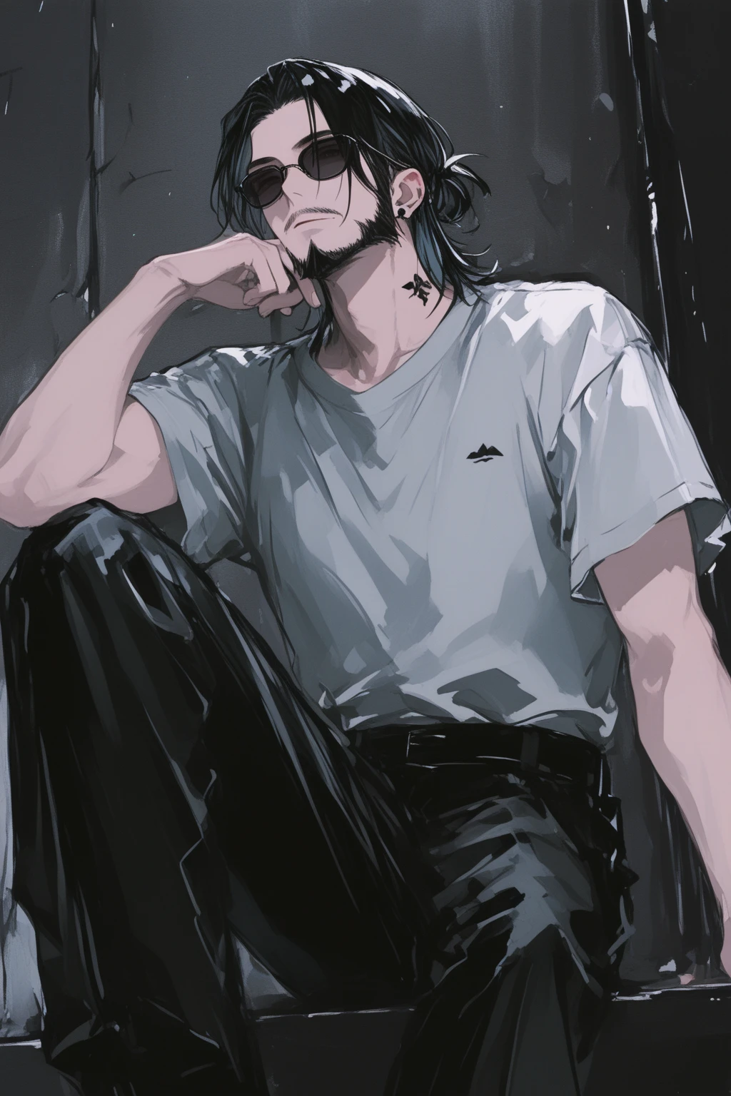 (naughty man) (long black  hair) (Eyes red) (muscled body) (hair on the abdomen) (armpit hair) (wears a black leather jacket) (White tank top) (blue jeans)