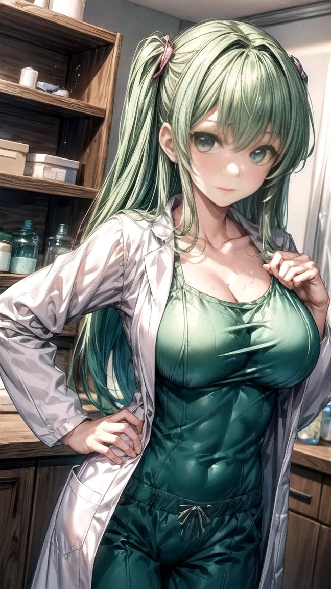 1 busty girl, (librarian in heaven ), Navel upward shot, Eternal, Smile quietly, Smart and serious expression, Natural cheeks, super beautiful, perfect body figure, middlebreast, tthin eyebrows, A thin body , top-quality, Wearing a white long-sleeved dress with lots of ruffles, Intricately patterned fabrics, Decorative shiny jewelry, Extra-long hair, Light green hair, straight, straight bangs, She wears big sleek hairpins on her head, In a huge library with many bookshelves, The sun is shining outside the window, 8K, ultra - detailed, tmasterpiece,