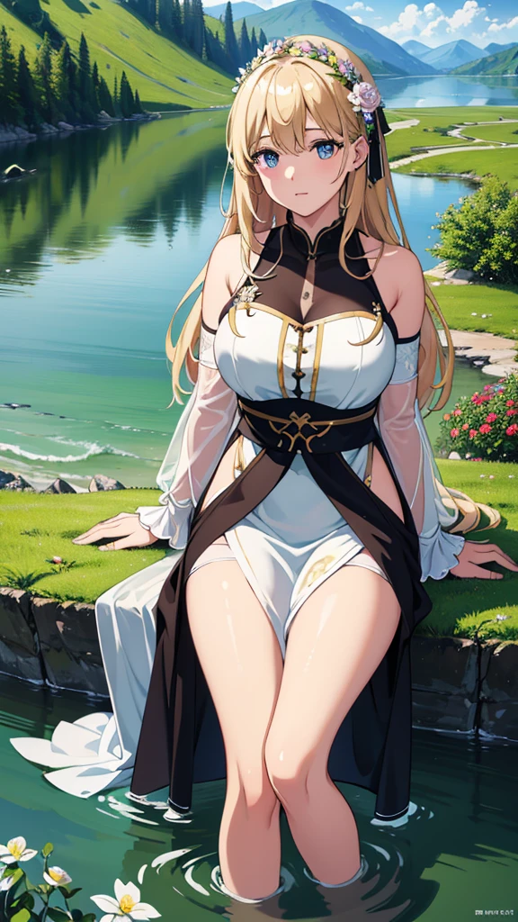 4K,High resolution,one woman,goblin,blonde,long hair,blue eyes,big breasts,wizard,White skimpy dress,white boots,magic wand,town in the forest