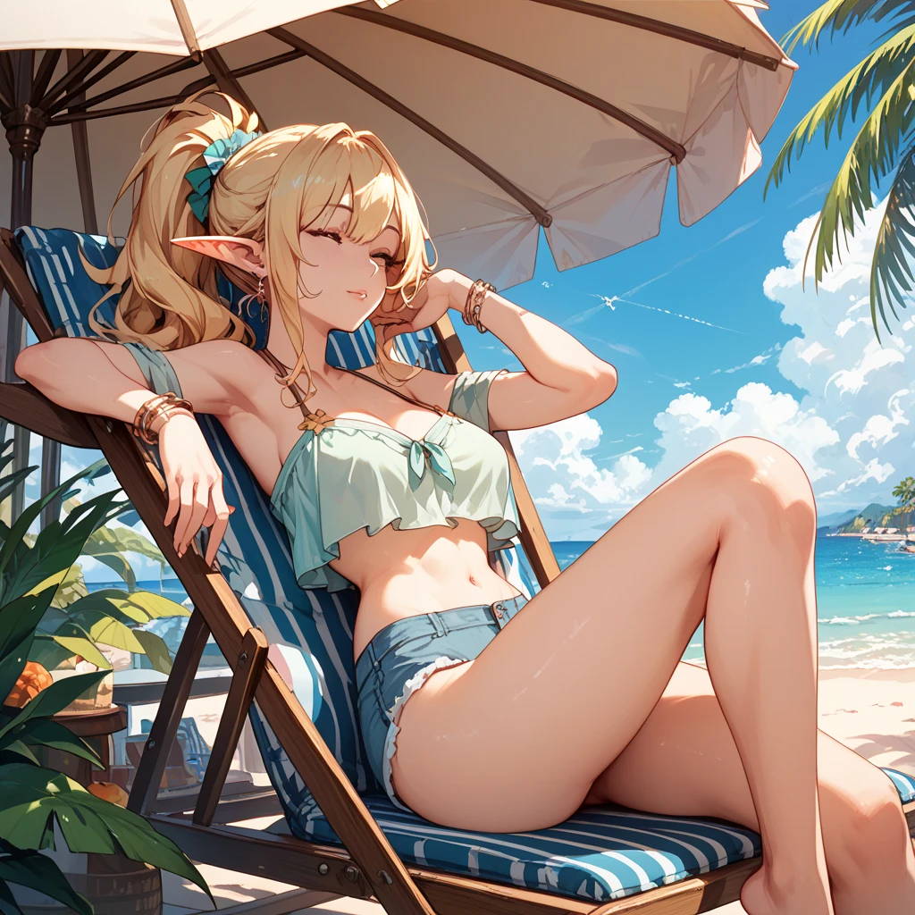 (max resolution: 1.2), (Ultra HDTV: 1.2), 8K resolution, Eye and skin details, detailed facial features, , (Sharp focus: 1.2), (Focus focus) facial expressions: 1.2), Girl, Swimsuit, (long hair), Beach view, Some coconut trees