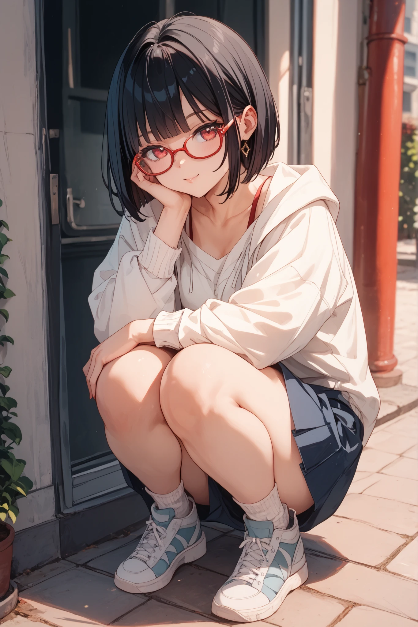 Tall Women、black hair bob cut、wear red-rimmed glasses quickly、Fluffy outfit、Doya face、cute、Beautiful woman、high quality、Highest Quality、Draw faces and hands in detail、crouching