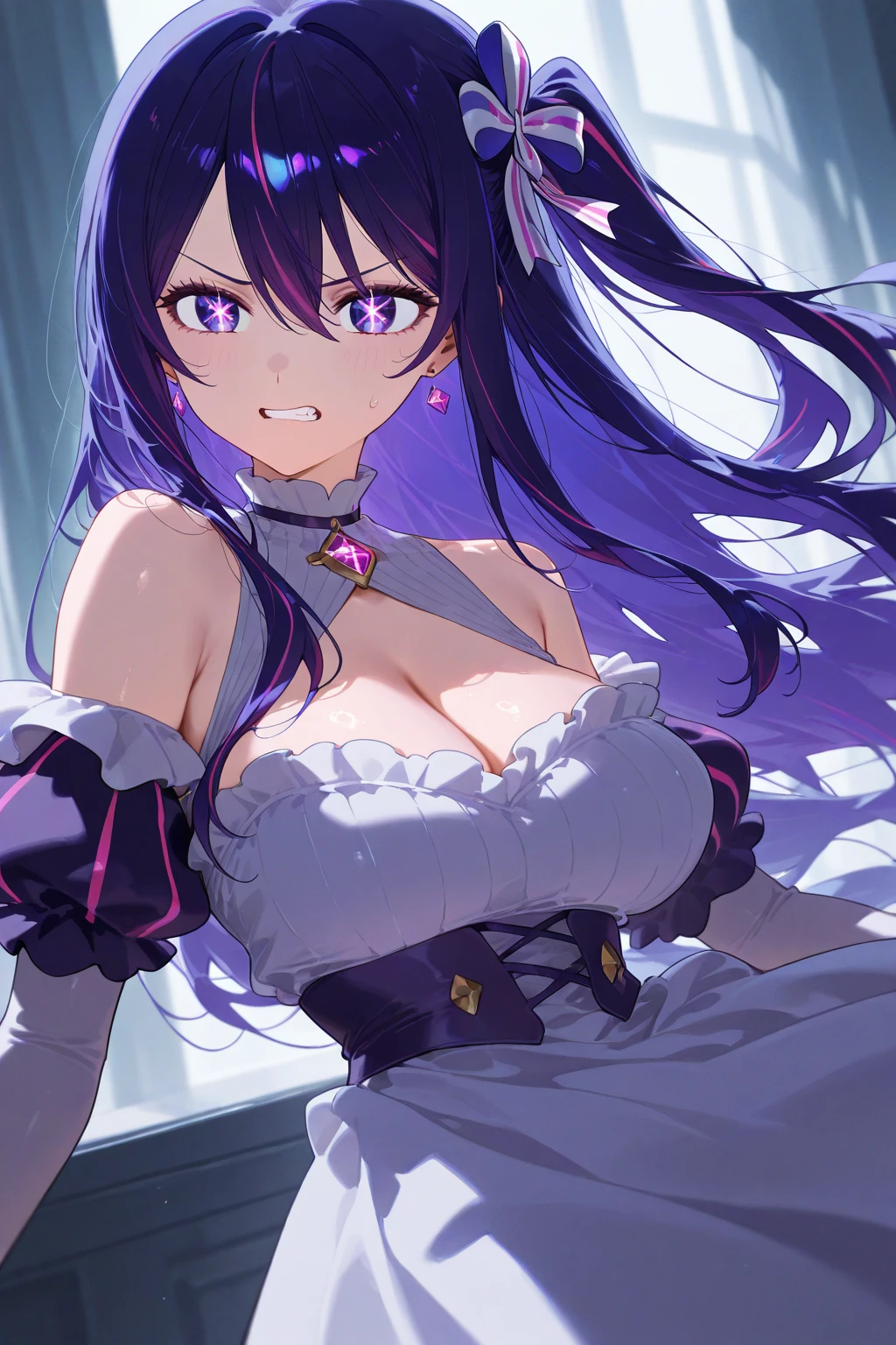 Fox Girl, Big Breasts, Voluminous purple hair, masterpiece , Red eyes、Double teeth、tooth、Blushed cheeks、 hd, from head to chest, buried in my chest、Underbust、Cleavage、Bunny girl