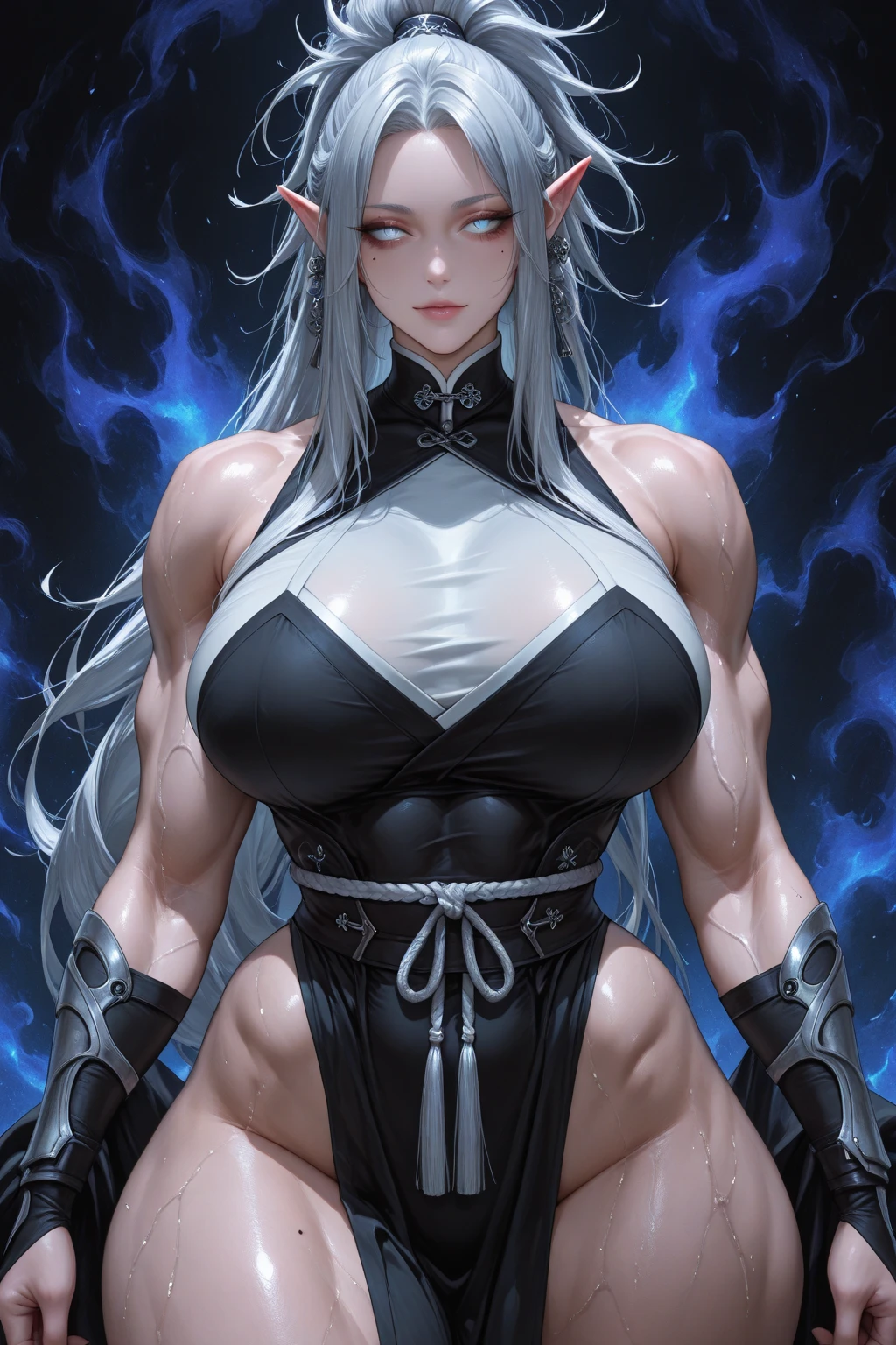 A muscular savage girl with high breasts, white hair, and a wolfskin draped over her shoulders.
