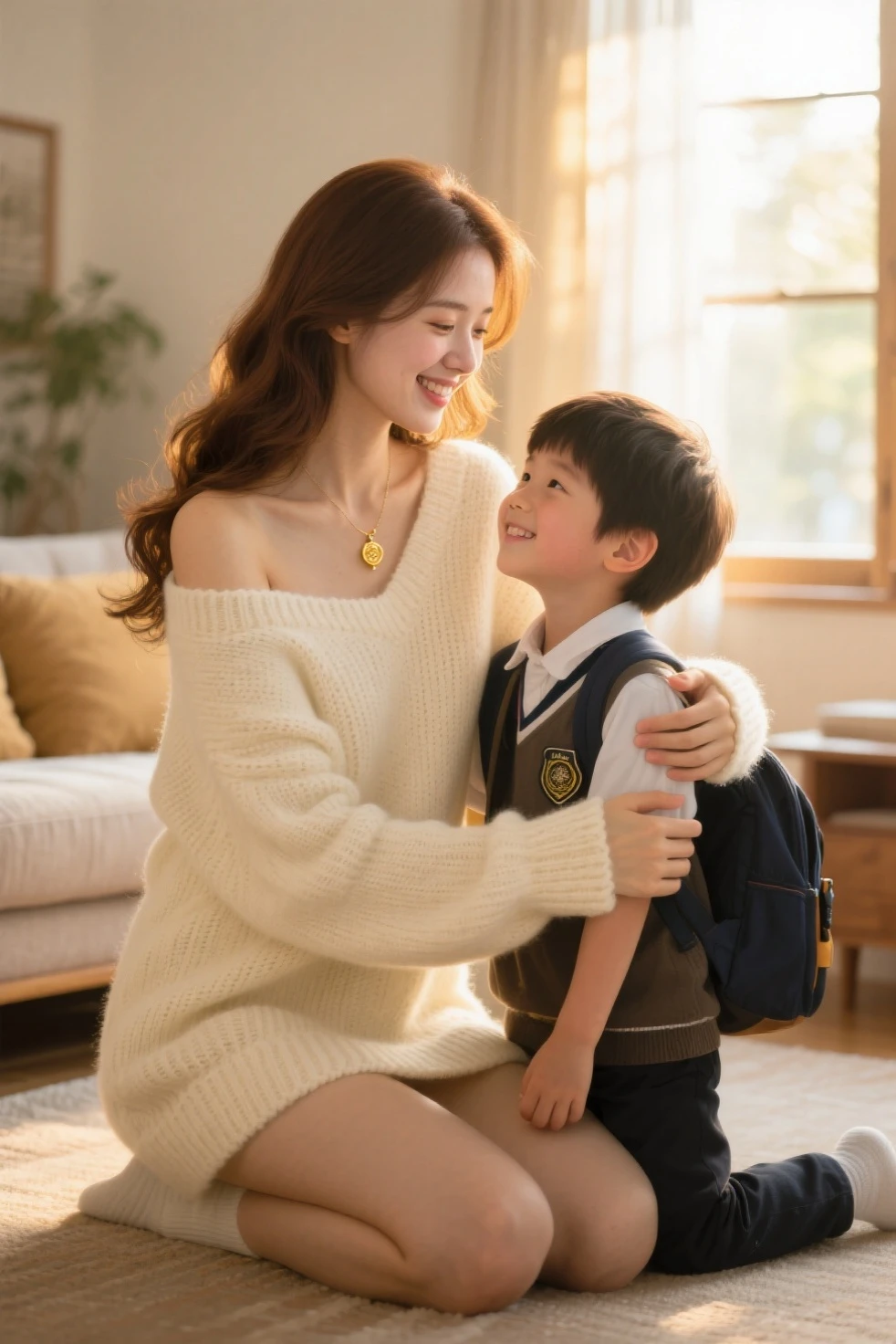 Top image quality、high-level image quality、In the midst of beautiful autumn leaves,autumnal、 Mother and small child sitting on park bench, Reading a picture book、