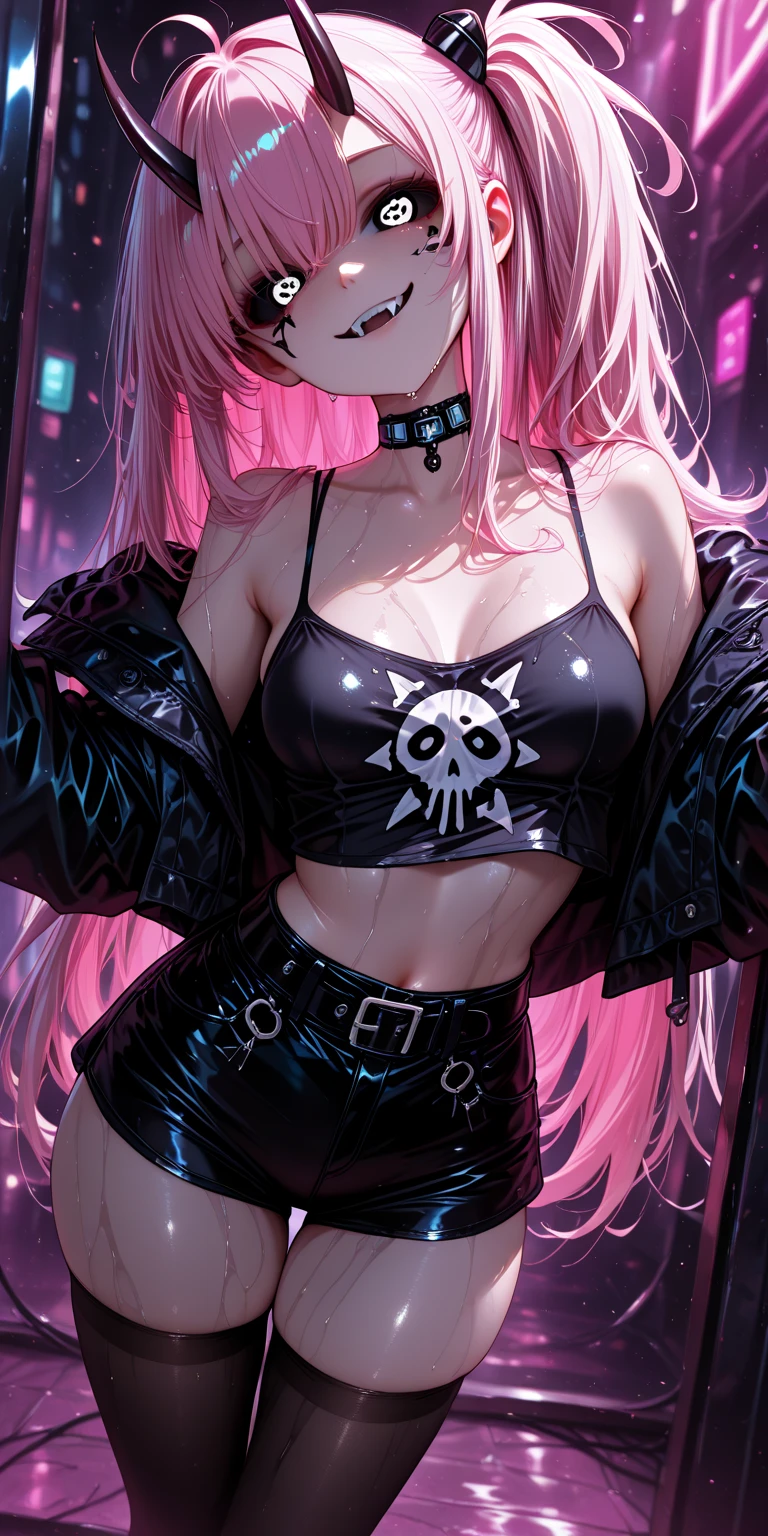 highest quality, clear and well-groomed face, Clear, bright and shining eyes, long eyelashes, punk girl, earrings, body tattoo, Navel exposed, Obscene lines, big breasts, toned abdomen, super mini skirt, belt, tight-fitting leather clothes, black pantyhose, red nails,