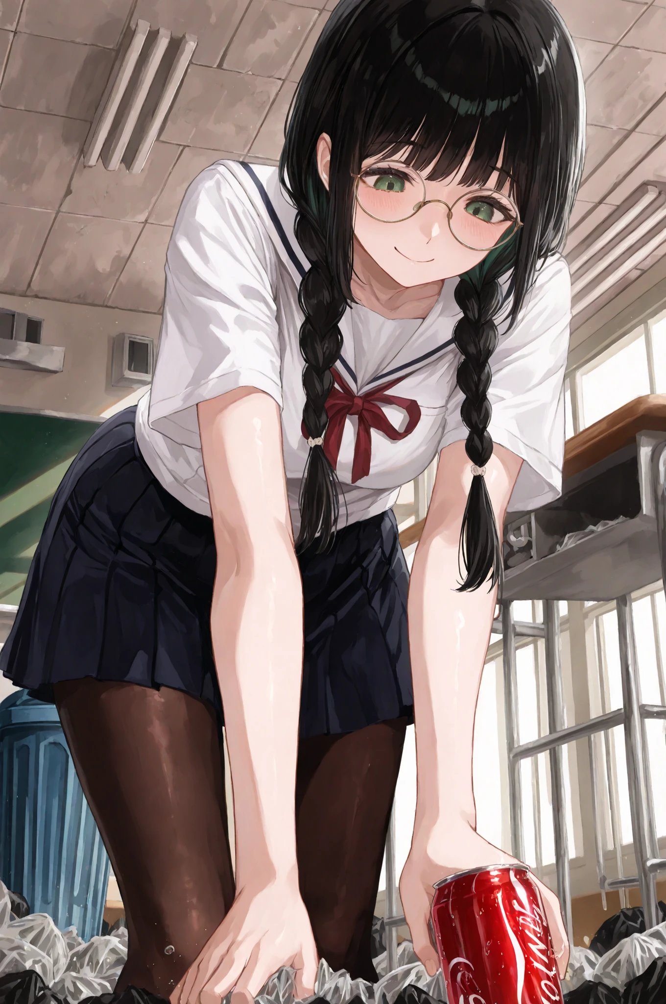 a high-quality digital drawing, clean and sharp details, score_9, masterpiece, ((anatomically correct)), ((vibrant colors)), 1girl, ((8k)), ((jimiko)), ((intense details)), (((safe for work))),
break,
((beautiful round face)), ((fair skin)), ((detailed and vibrant green eyes)), ((tareme)), naturally curved eyelashes, ((natural beauty and charm)), ((thick round fogged glasses)),
break,
((long black hair)), ((braided pigtails)), soft bangs,
break,
((japanese high school summer uniform)), ((black tights)), ((chest 32 inches)), ((waist 26 inches)), ((hips 32 inches)),
break,
((from below)), ((leaning forward)), ((looking down)), ((kind smile)), ((picking up soda can)), ((light blush)), ((detailed japanese school classroom)), ((trash can in the background))